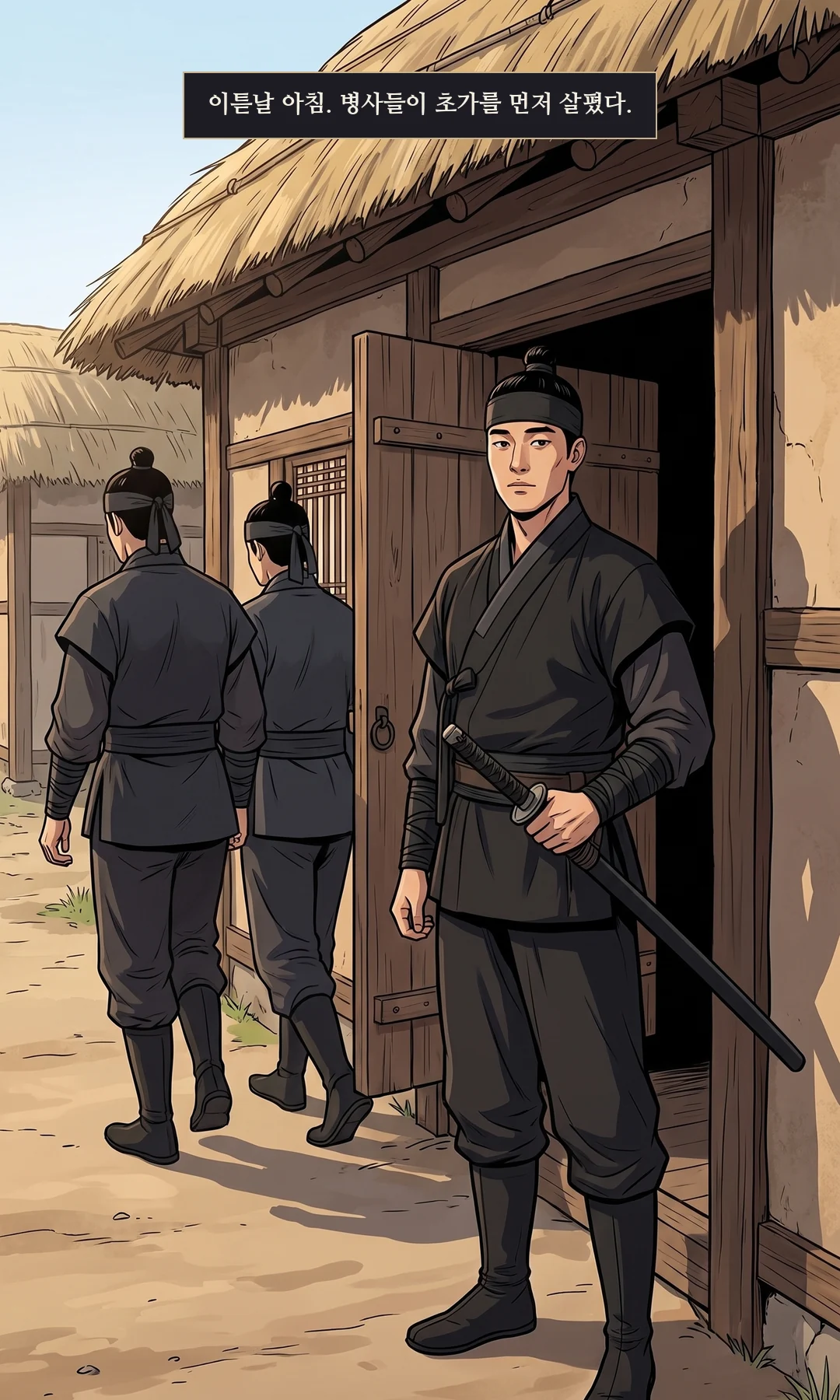 (신규) 초가 앞. 별영 병사 둘이 초가를 먼저 살피고 물러나고, 무영이 문 앞에 선다. — 이튿날 아침. 병사들이 초가를 먼저 살폈다.