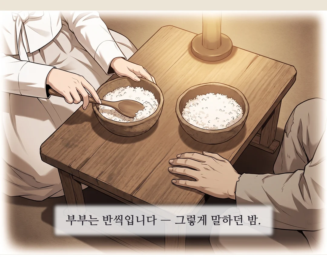 (신규) 말없이 마주 앉은 두 사람. 장부는 무릎 위. 아무도 먼저 말하지 않는다. — 한참 동안, 아무도 말하지 않았다.