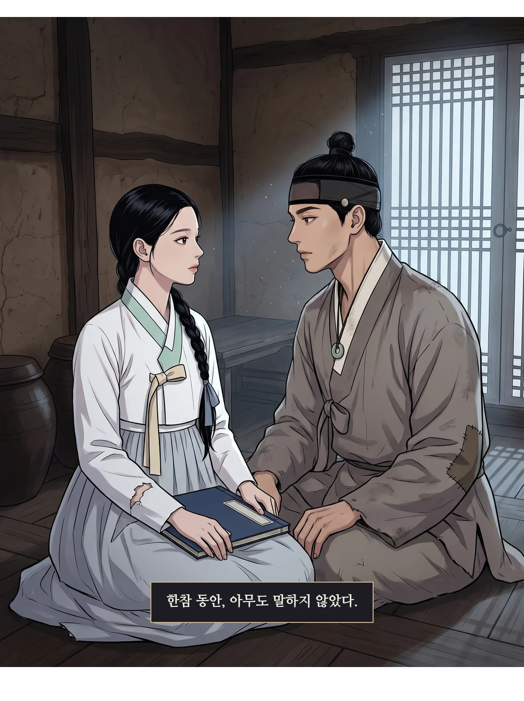 문이 한 뼘 열리고, 무영이 붙잡은 사내(갈색 소매, 뒷모습)를 문 앞으로 끌고 지나간다. — 윤가의 하인이 초가까지 따라붙어 있었다. 「어떻게든」은 아직 살아 있었다.
