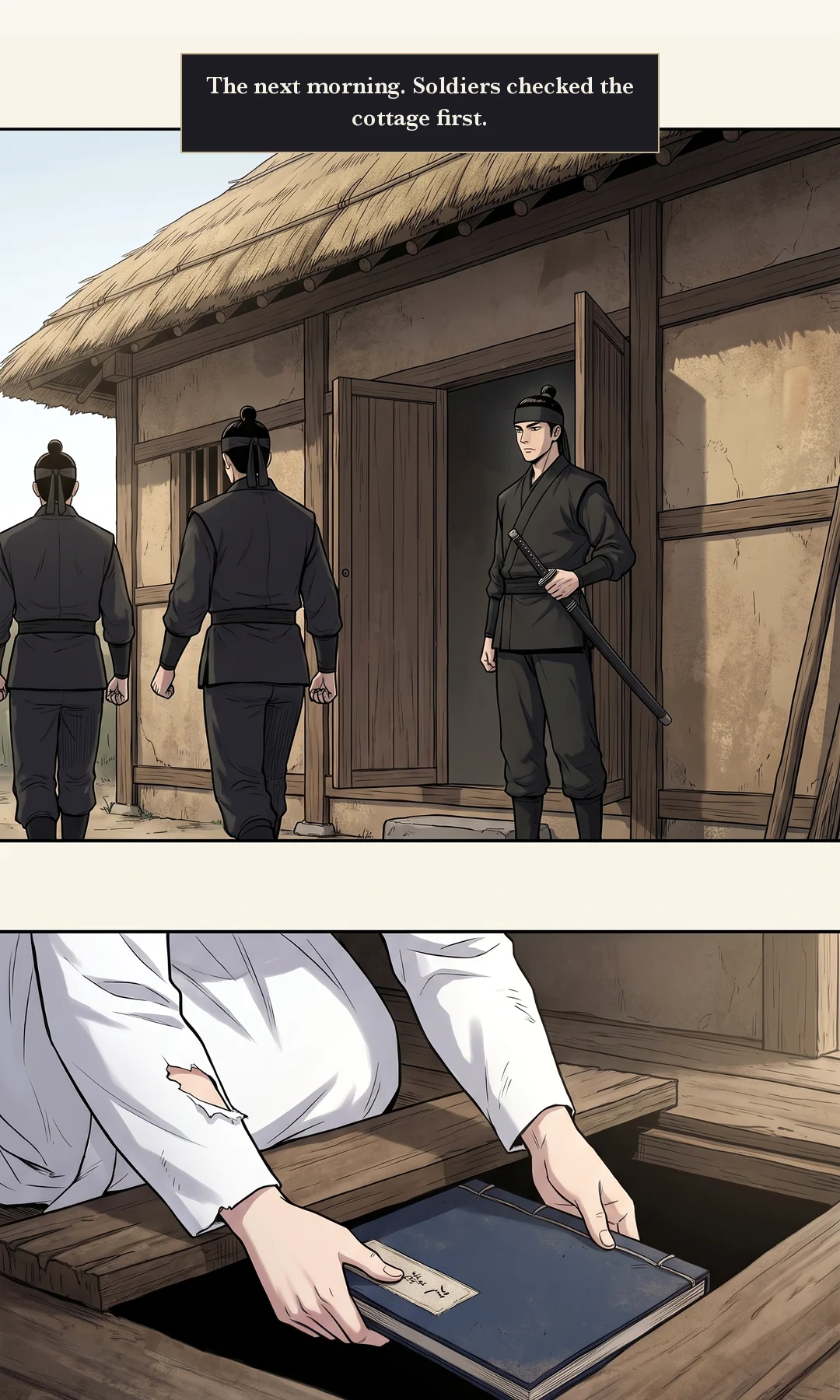 (new) Yi Heon at the threshold. He does not come in; he waits. / Inside. Yeonhwa with the ledger from under the floor on her lap. She does not open it. The door is shut. — Yi Heon: "May I come in?" A king asked leave at the door of a thatched house. After the soldiers had checked the house, Yeonhwa took the ledger out from under the floor herself. Yeonhwa: "Did you choose me because of this book too?"