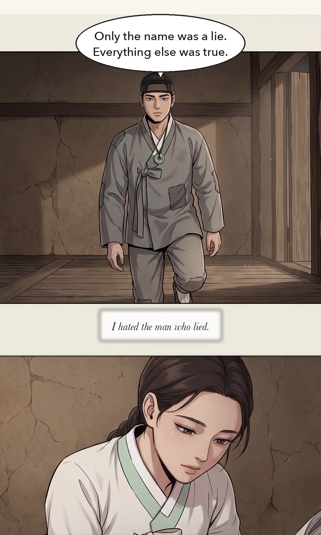 Yeonhwa pulling her torn left sleeve back over her arm. She does not take the hand offered her. Cold anger → a waver on the second sentence. — Yeonhwa: "I knew nothing at all." Yeonhwa: "You should have told me first."
