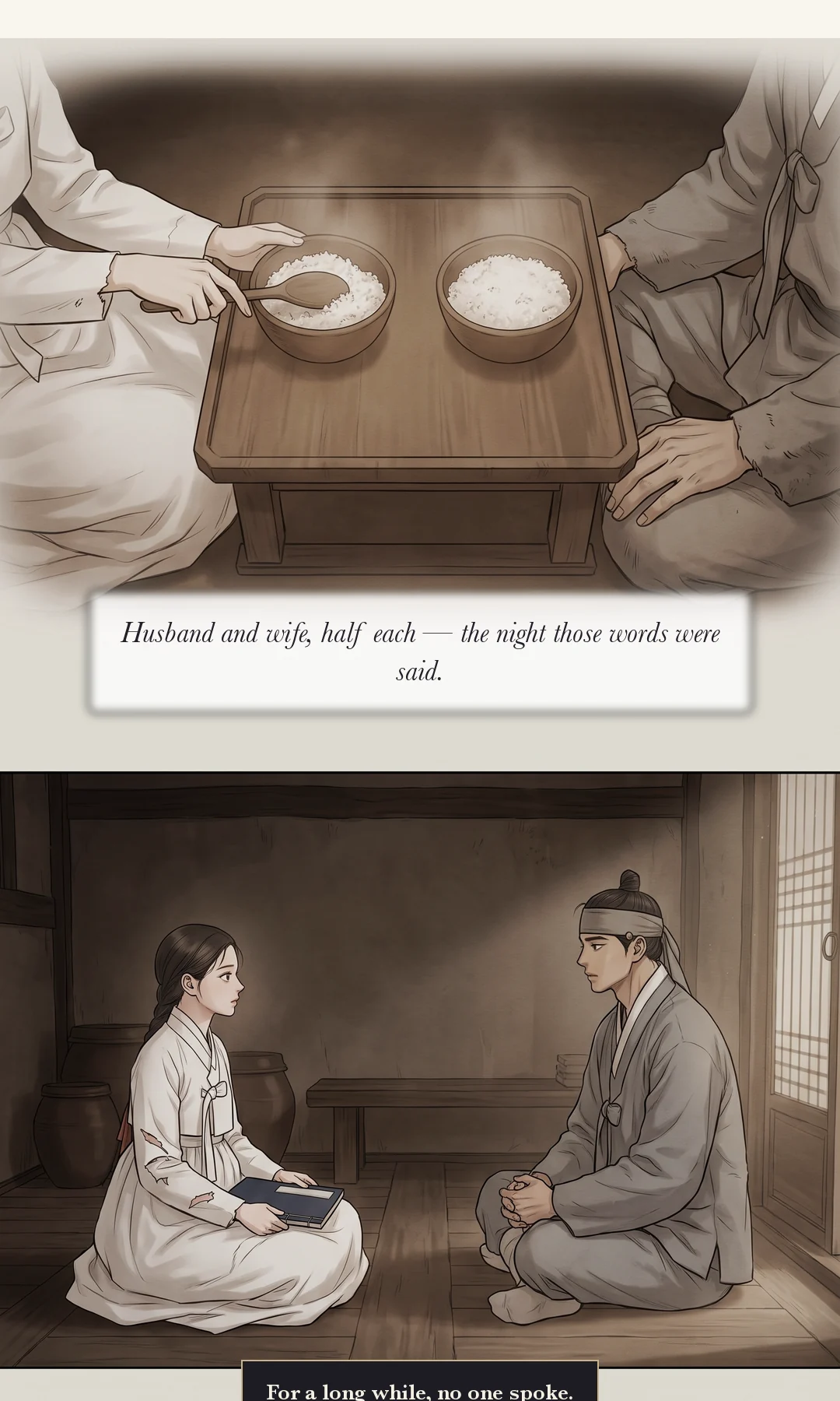 She sets the ledger between them. A decision. / Yi Heon nods without pulling the book toward him. Not a king but a man who is to be a husband. — Yeonhwa: "I will show you the ledger. Let us put off the wedding." Yi Heon: "It is yours to decide." It was not a king's answer. It was the answer of a man who meant to be a husband.