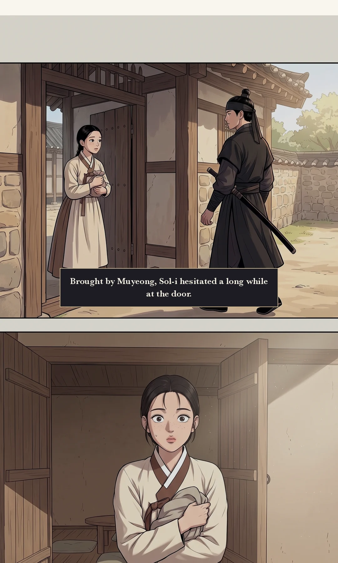 A room at the garrison. At the sight of the ledger Sol-i speaks before she has even sat down. Fast and breathless. / The hand offering a cushion stops. A whisper — one word. — Sol-i. The Yun servant who worked with her mother. Sol-i: "Your mother, my lady — she was shut in until the day she died." Yeonhwa: "Shut in?"
