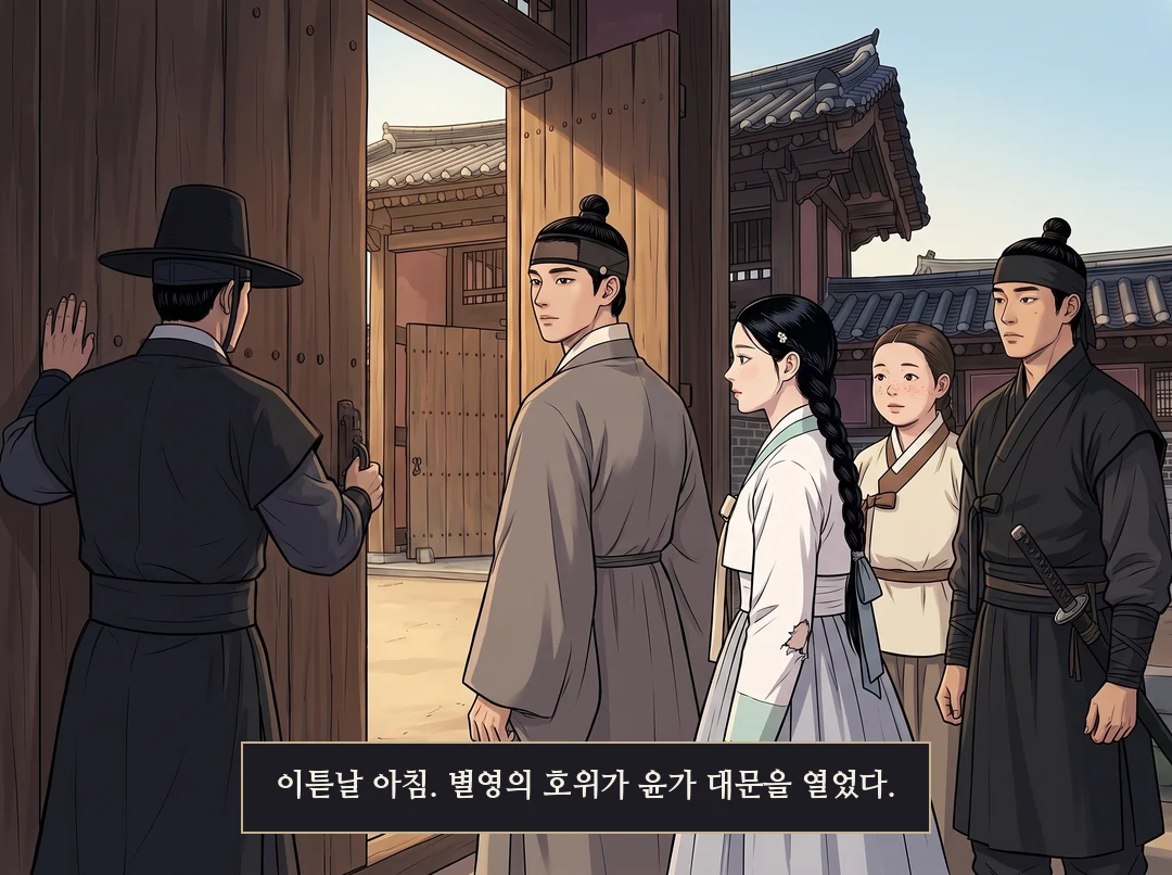 (신규) 아침. 윤가 대문 앞. 별영 호위가 문을 열고, 이헌(회색 평복)·연화·솔이·무영이 들어선다. — 이튿날 아침. 별영의 호위가 윤가 대문을 열었다.