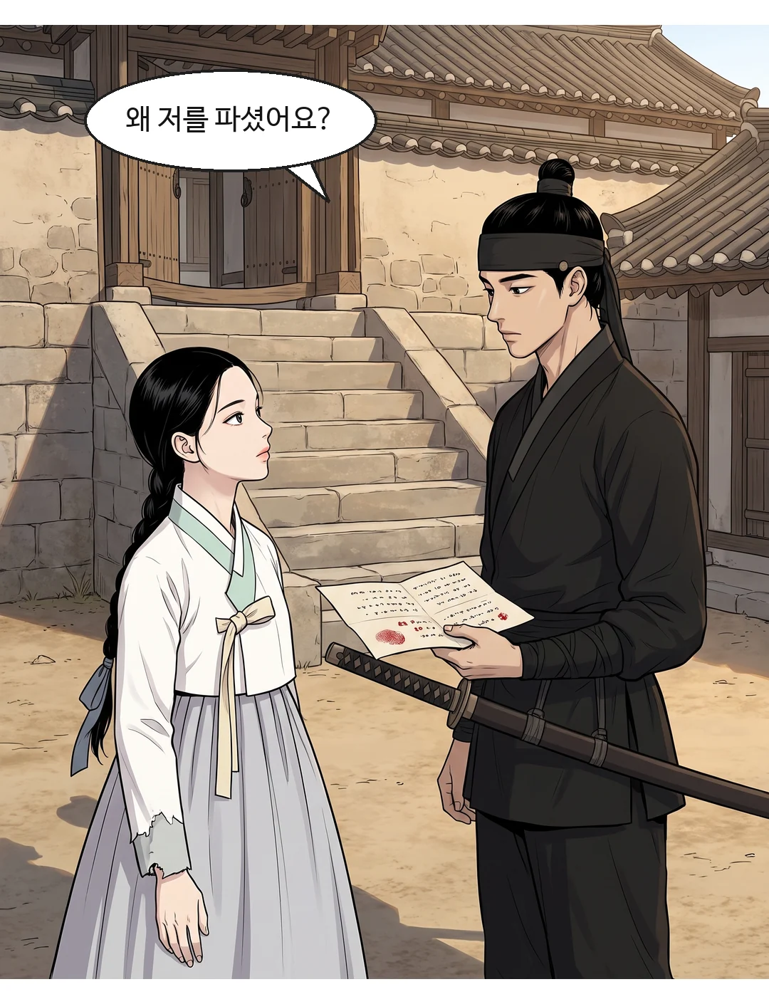(신규 · 손) 햇빛에 든 매매 문서 — 붉은 엄지 수결. — 아버지의 엄지.