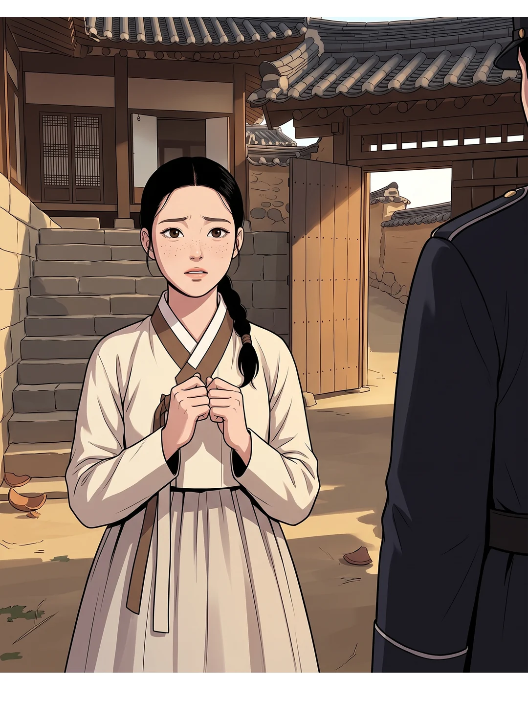 계단을 내려와 솔이를 향해 손을 드는 태식. 솔이가 움츠린다. — 태식 "너까지 뭘 지껄였느냐!"