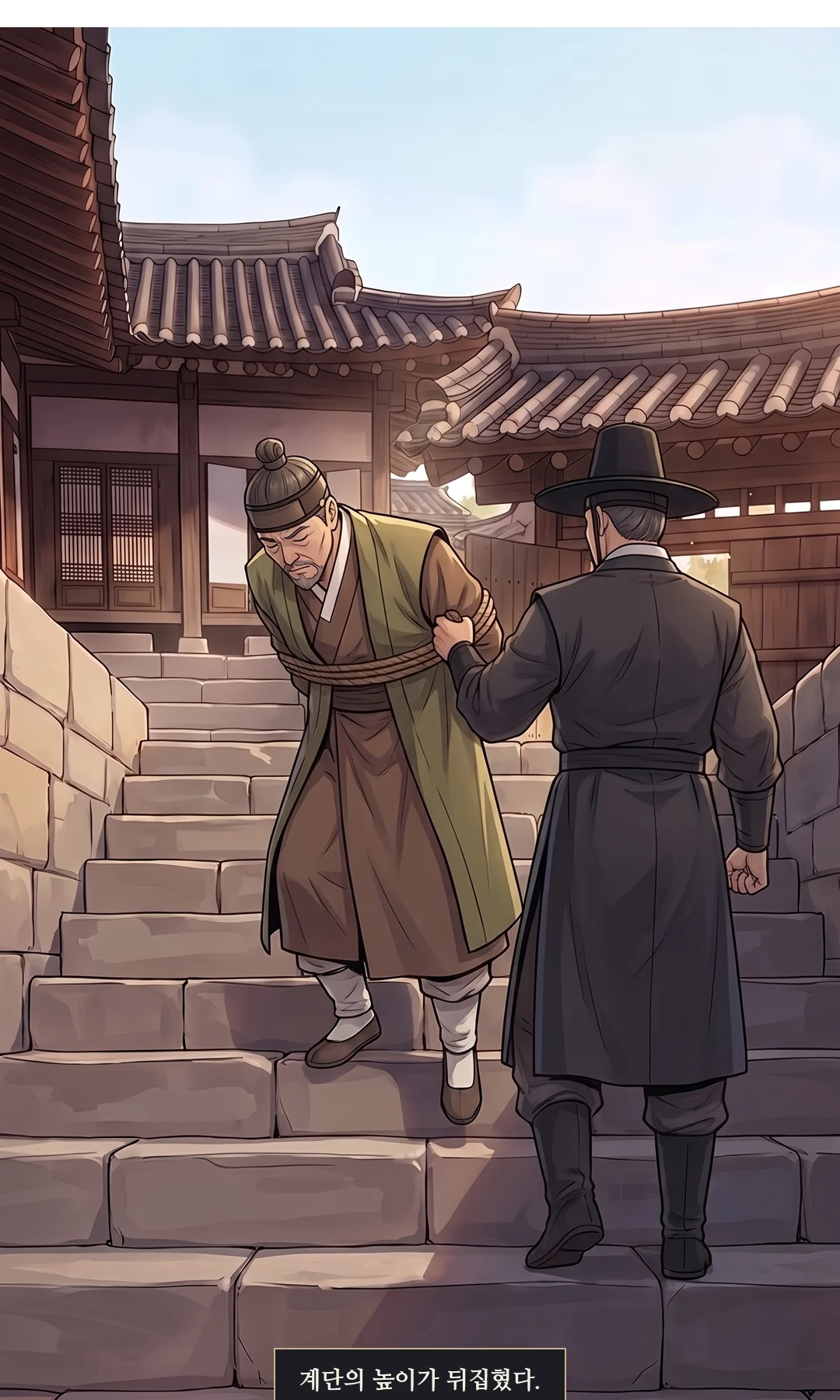 (신규) 비어 버린 계단. 마당 전경. 대문으로 나가는 세 사람은 작게, 뒷모습. — 윤가의 계단에는, 아무도 서 있지 않았다.