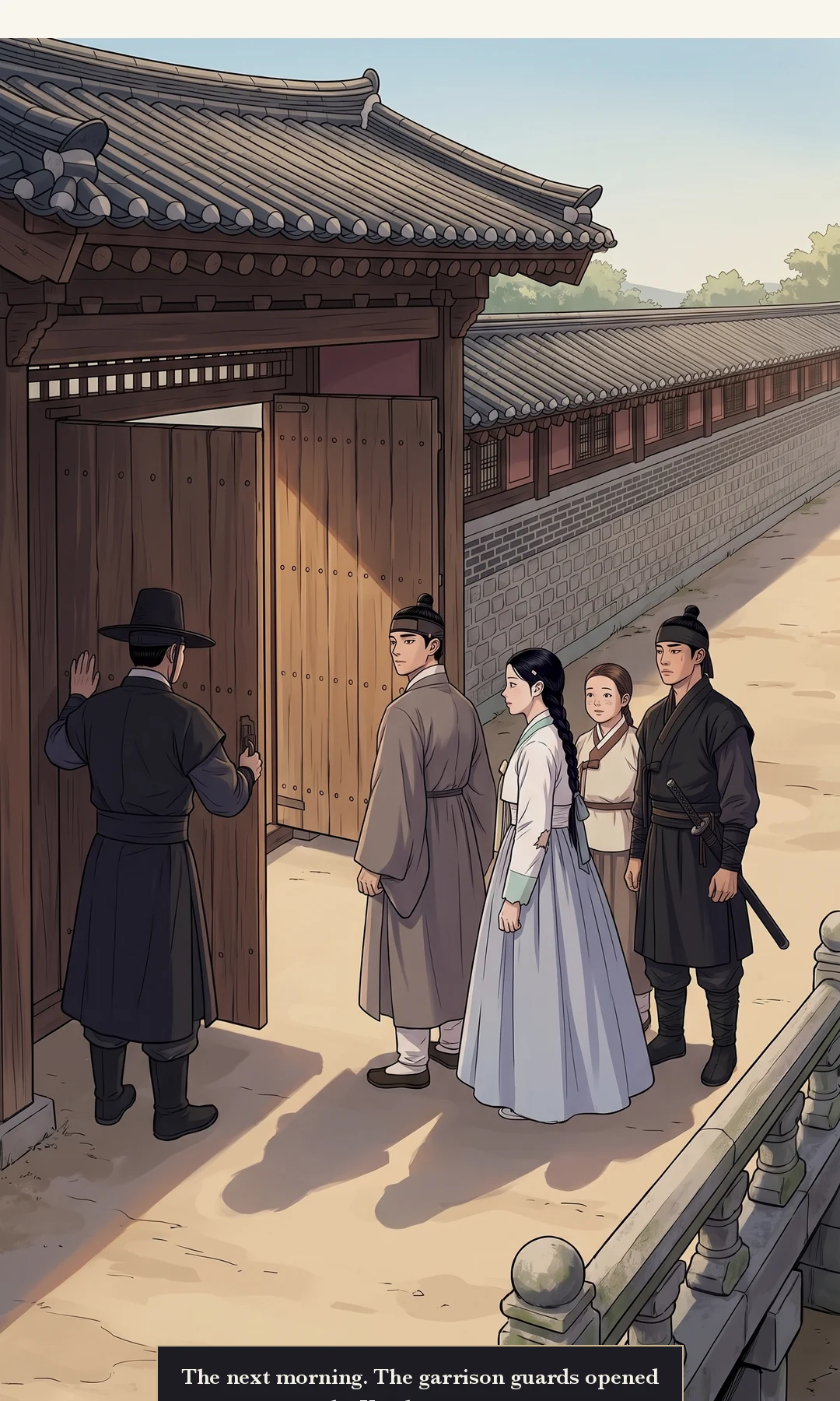 The Yun yard. Taesik blocks their way from the top of the high stone steps, shouting. Low angle (the same composition as Ep. 3). — Taesik: "Would you denounce your own father and put him in prison!"