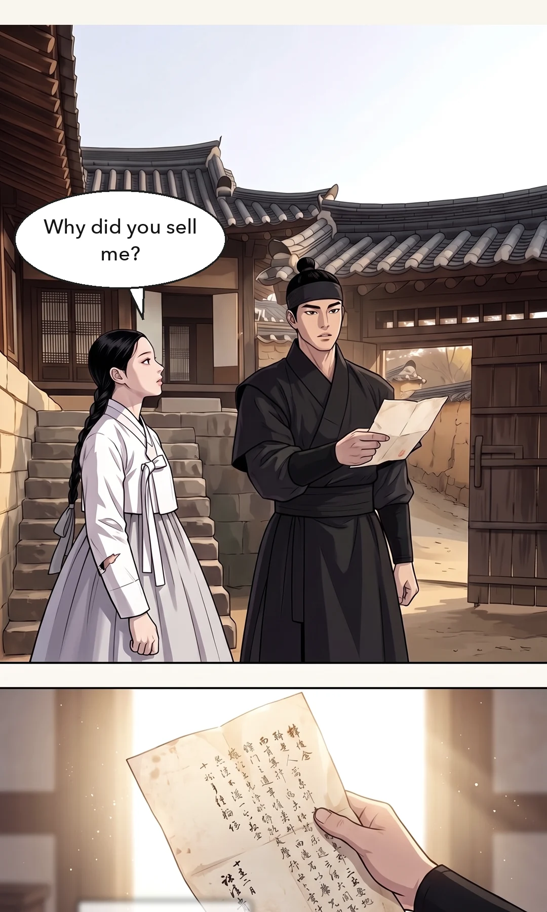 (new) Sol-i beside the guard. She shrinks under his stare. / Taesik comes down the steps and raises his hand toward Sol-i. She flinches. — Taesik: "And what have you been babbling!"