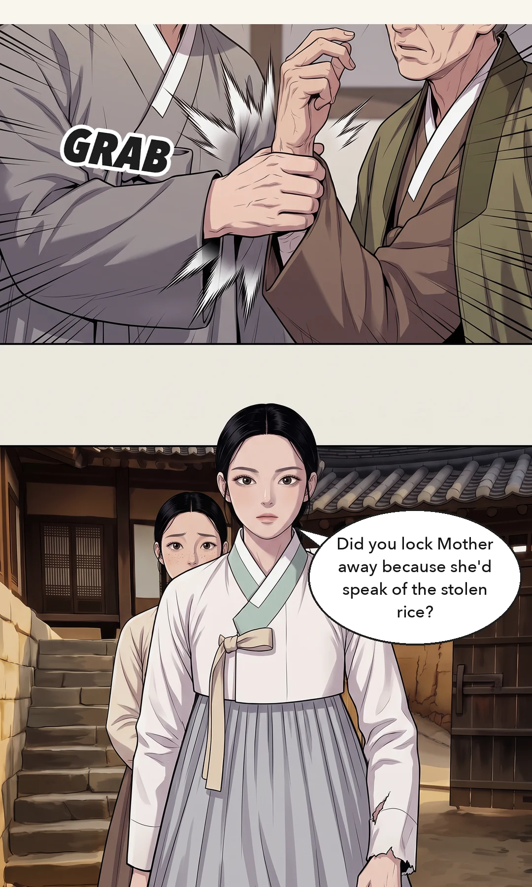 (new) Yeonhwa's face — before she answers. From brow to chin.