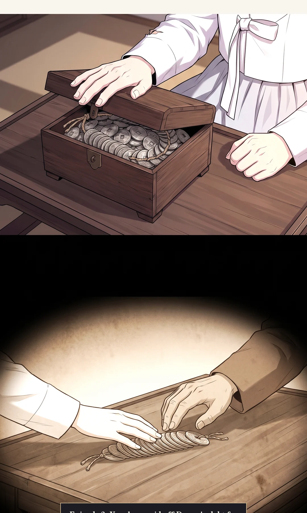 (hands) Yeonhwa's hand drawing the money chest toward herself. She does not turn her head toward Doyun.