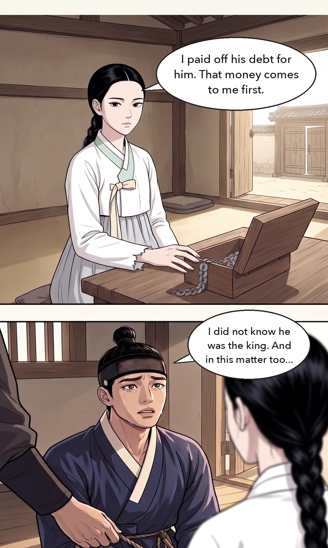 (hands) Sol-i's hands counting the last bundle of coins. No face. / Sol-i's face. Bright and quick — a working woman. She sets the counted bundle on the table. Nothing is spilled. — Sol-i: "The amount is right."