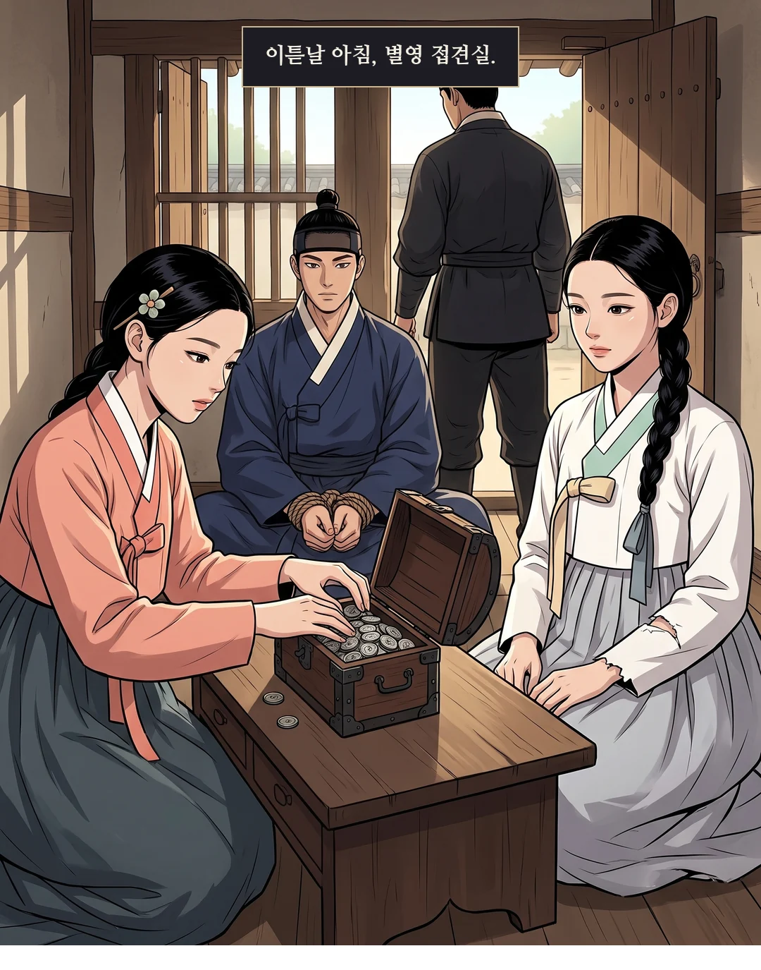 별영 접견실. 낮은 상 위의 열린 돈함. 채령이 손을 뻗고, 연화는 맞은편, 도윤은 묶인 채 옆에. — 이튿날 아침, 별영 접견실.