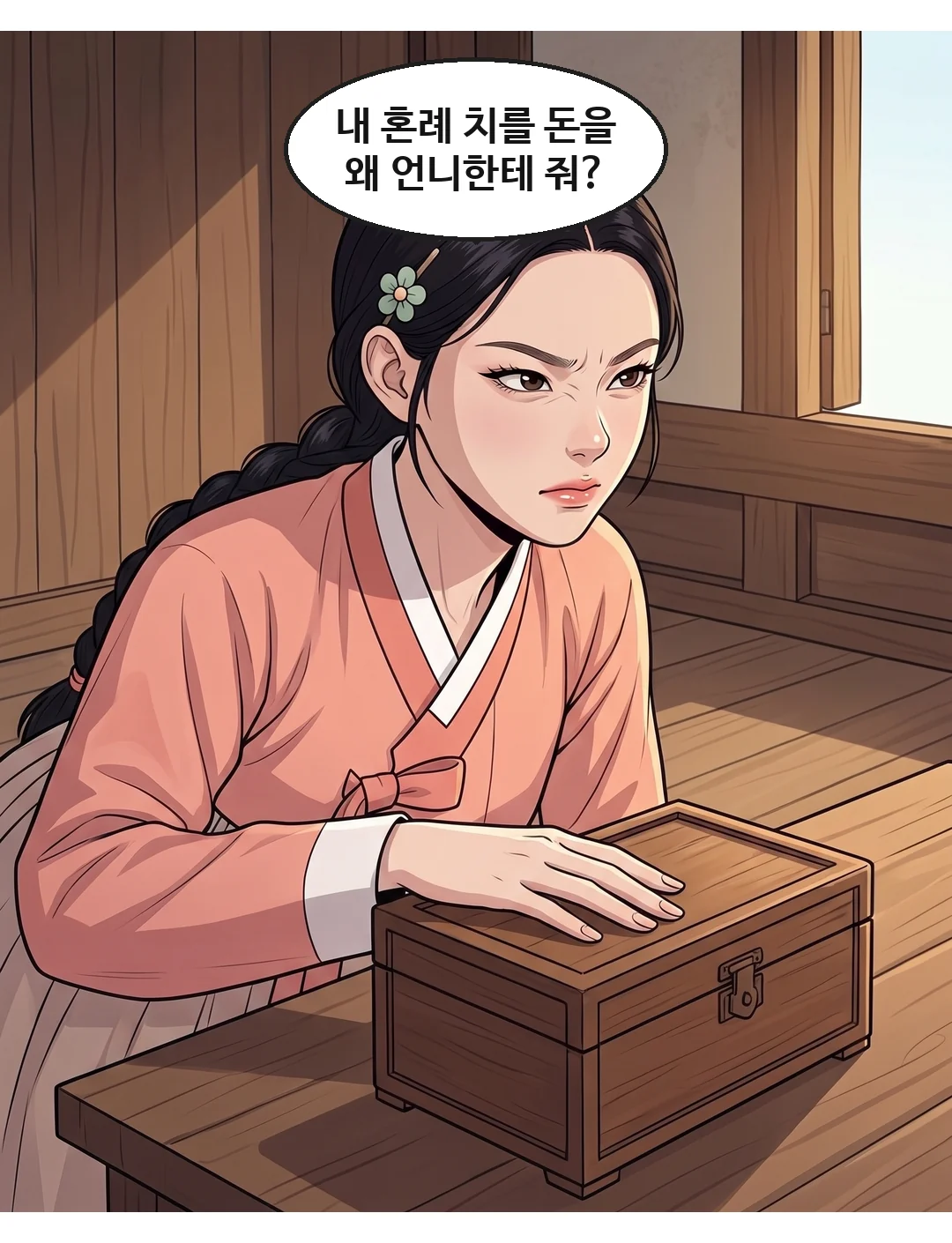 채령. 앙칼지게 — 높고 빠르게. — 채령 "내 혼례 치를 돈을 왜 언니한테 줘?"