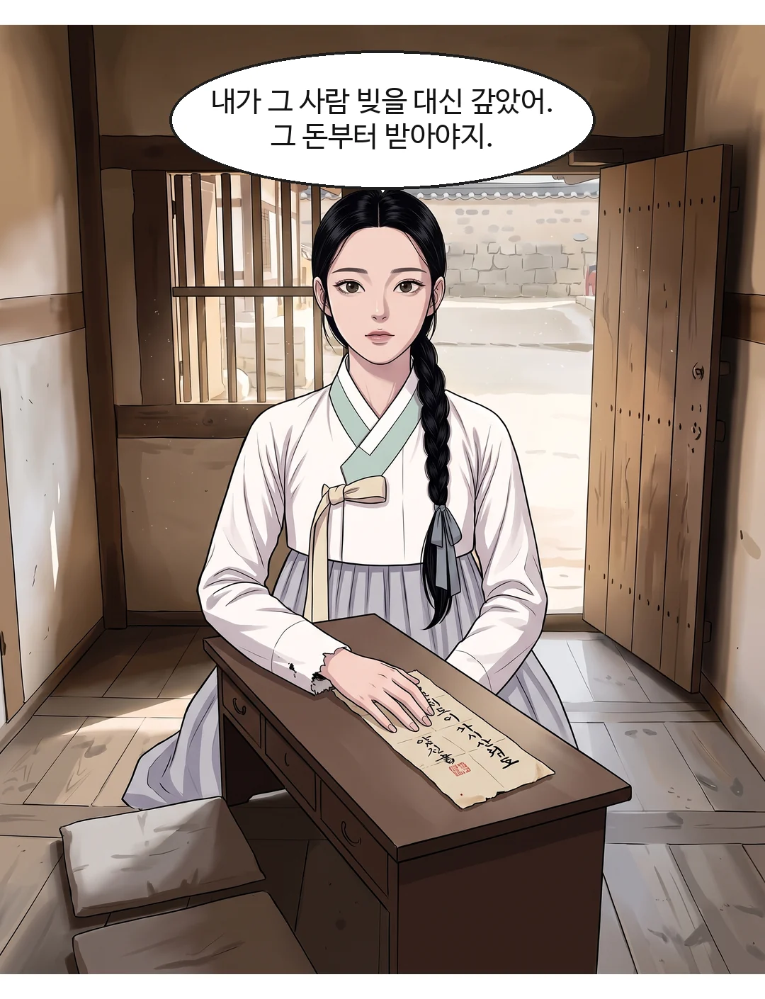 채권을 펼쳐 놓고 동생에게. 담담 — 반말, 마르게. — 연화 "내가 그 사람 빚을 대신 갚았어. 그 돈부터 받아야지."
