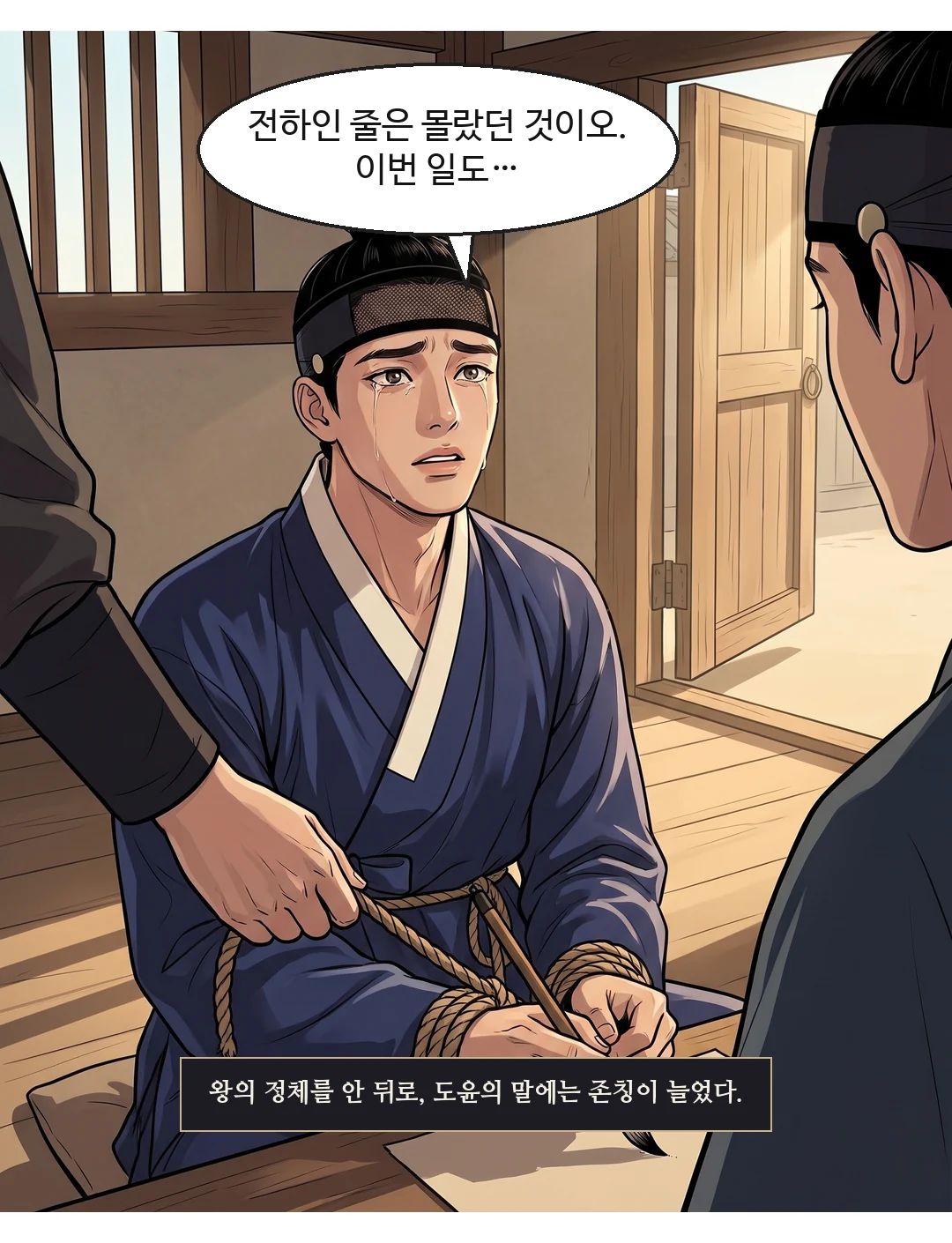 도윤. 옥졸이 글 쓸 만큼만 앞손 줄을 늦춘다. 애원 — 존칭이 늘고 빨라진다. — 도윤 "전하인 줄은 몰랐던 것이오. 이번 일도…" 왕의 정체를 안 뒤로, 도윤의 말에는 존칭이 늘었다.