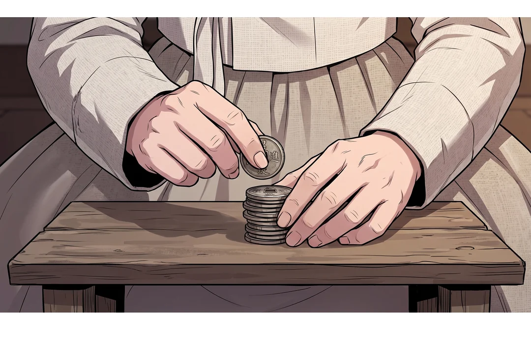 솔이 얼굴. 밝게, 빠르게 — 일하는 사람. 묶음을 내려놓다 은전 몇 닢이 흘러내린다. — 솔이 "금액 맞아요." 짤랑