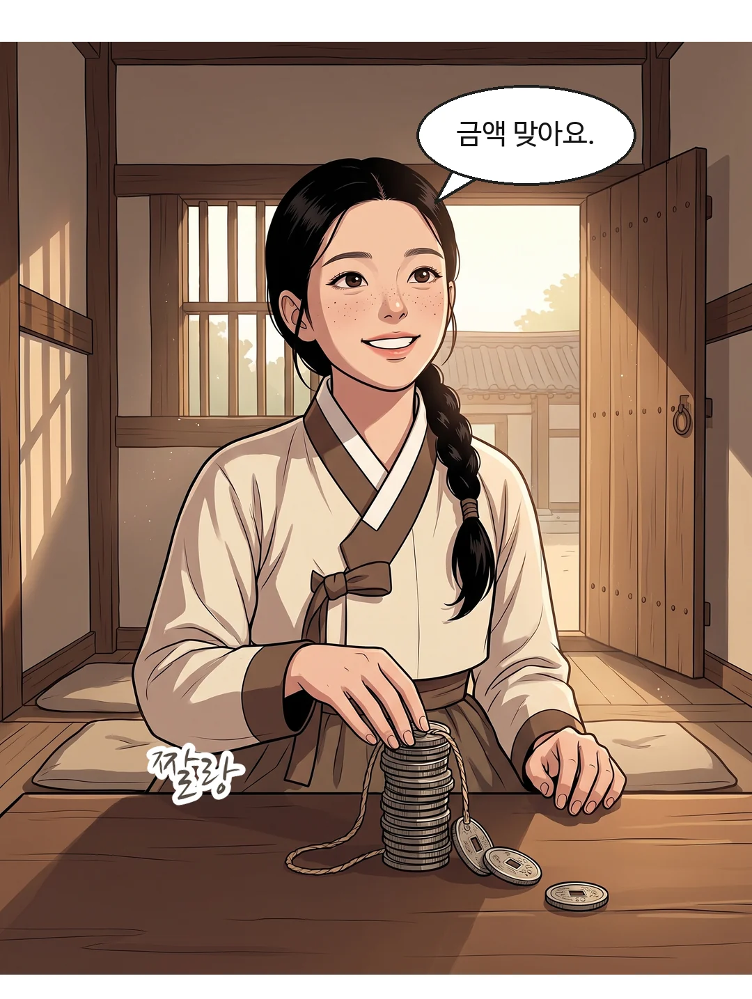 (손·상·바닥) 낱닢 하나가 상 끝에서 굴러떨어지고, 솔이의 손바닥이 바닥에서 눌러 잡는다. — 탁