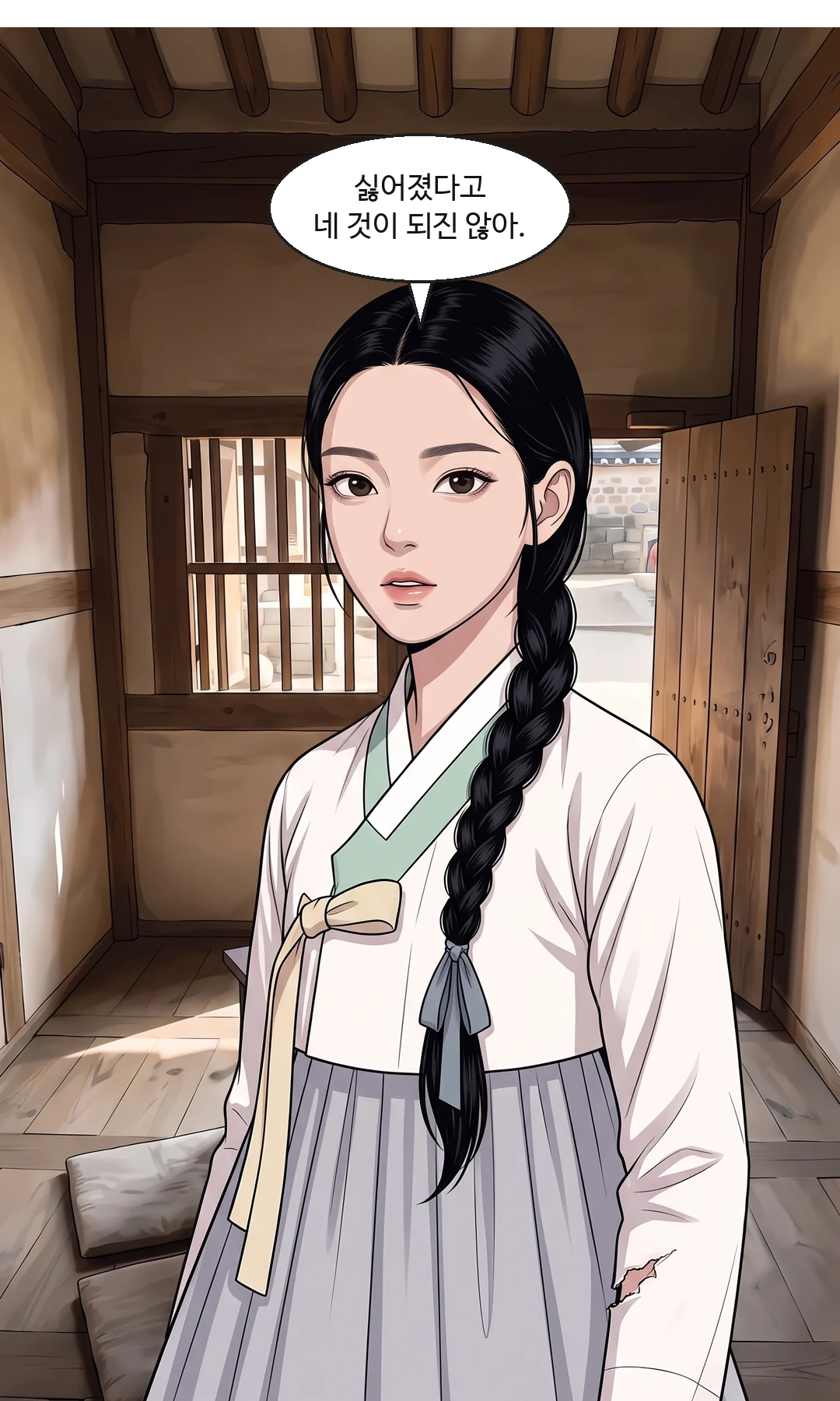(손) 솔이 손의 흰 천 위에 비녀를 놓는 연화의 손. — 빼앗긴 것이 돌아오는 데, 열두 화가 걸렸다. 돌아온 것은 비녀가 아니라, 순서였다.