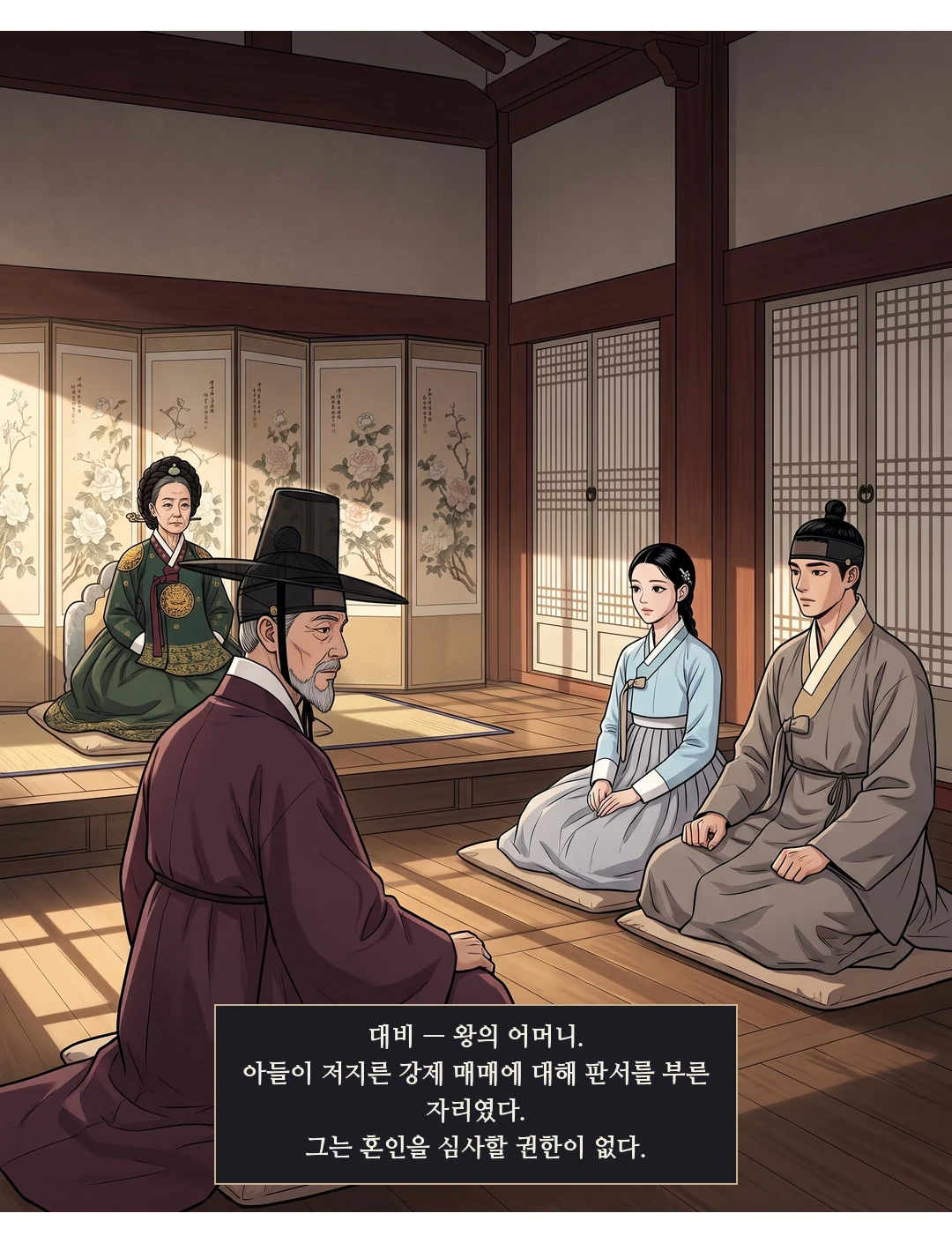 접견실 안. 상석의 대비(초점 밖), 낮은 답변 자리의 민치겸, 옆에 연화와 이헌. — 대비 — 왕의 어머니. 아들이 저지른 강제 매매에 대해 판서를 부른 자리였다. 그는 혼인을 심사할 권한이 없다.