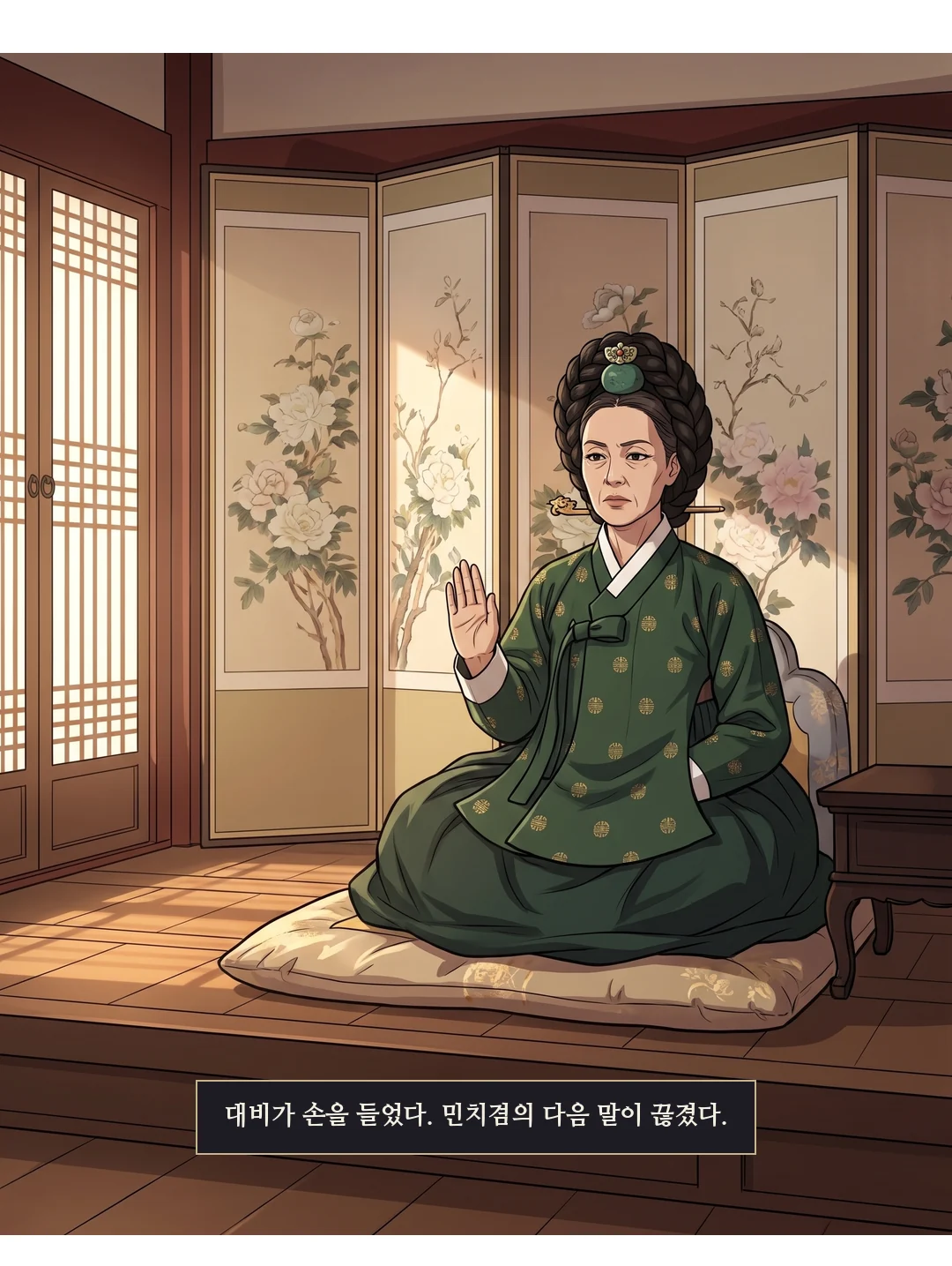 대비가 연화에게. 짧고 낮게. — 대비 "너는 혼인을 원하느냐?"