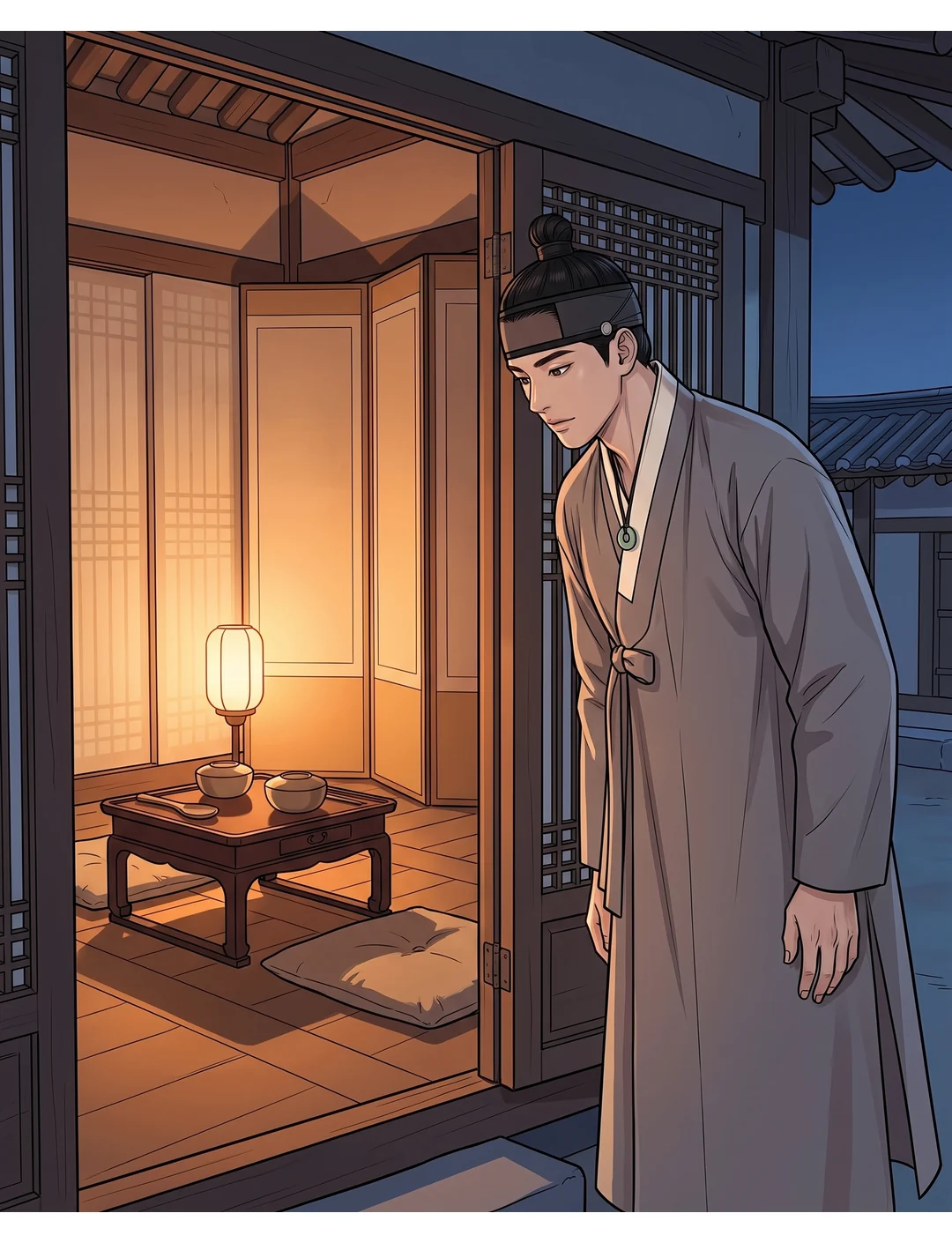 (손) 밥주걱을 그의 자리 앞에 놓는다.