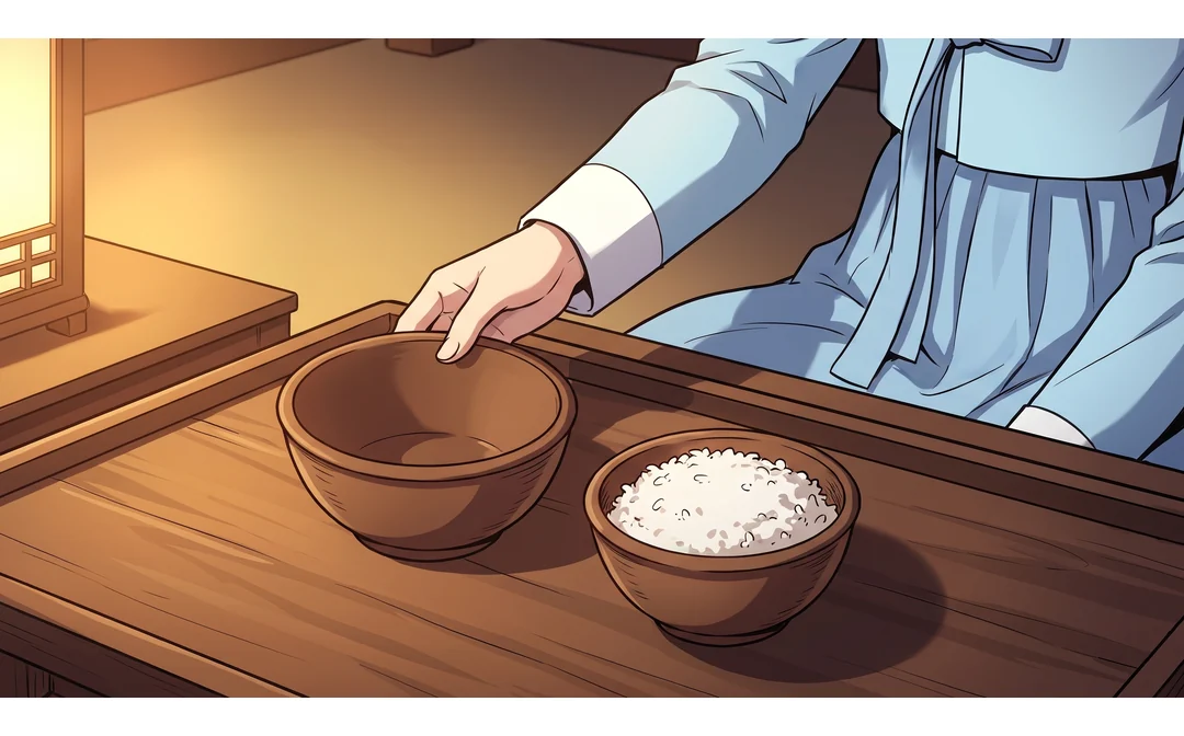 연화. 웃음 — 목소리로 실제로 웃으며, 얼굴은 입 다문 작은 미소. — 연화 "혼례 미룬 거지, 밥까지 미룬 건 아니에요."