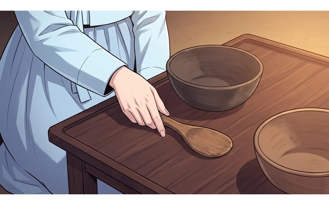 열린 문. 상궁(뒷모습)이 물러난다. 상 앞의 두 사람은 작게. — 그날 저녁은, 내가 먼저 청했다.
