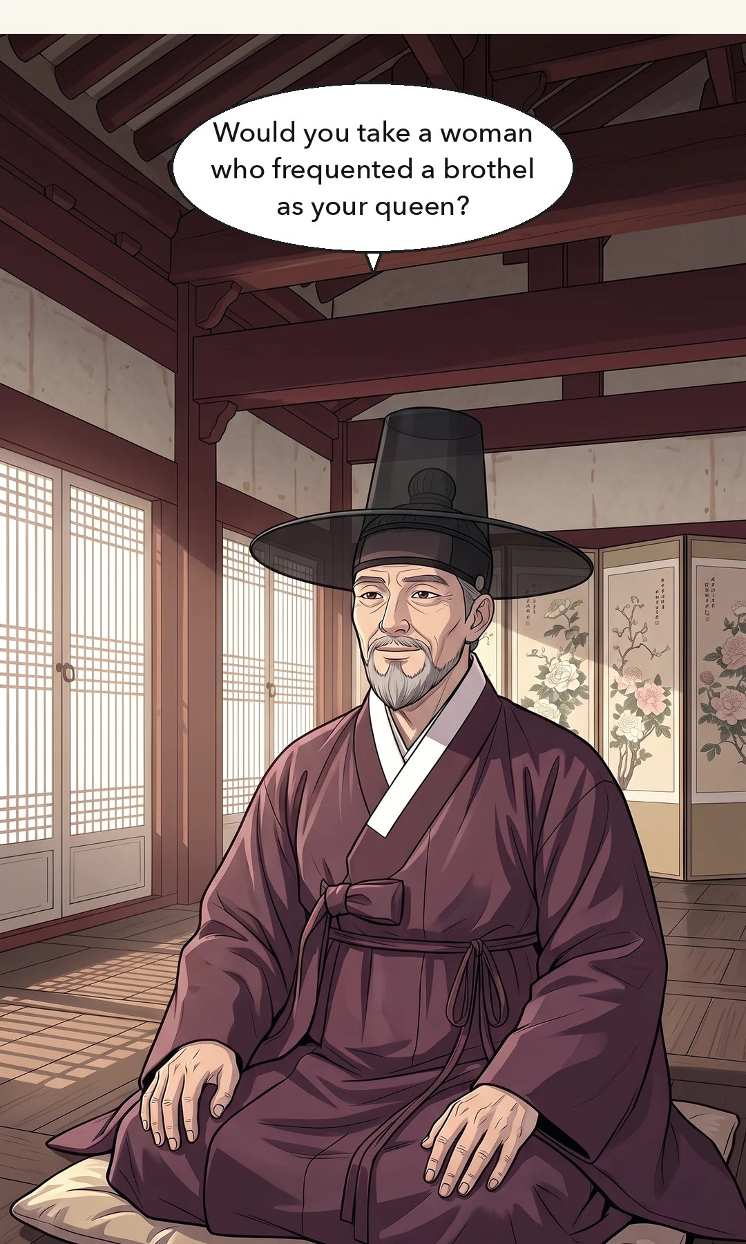Yi Heon, about to answer for her, closes his mouth and listens. / Min Chi-gyeom speaks to the Queen Dowager rather than the king. Smoothly — at ease. — The king began to answer for her, and then listened to her instead. Min Chi-gyeom: "The world does not know such particulars."