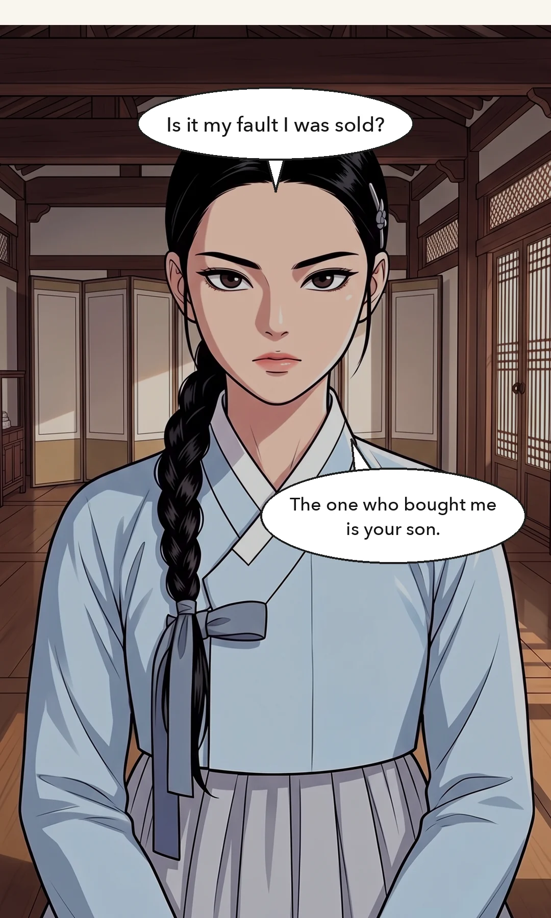 Yi Heon with the light of the open door behind him, looking straight at Min Chi-gyeom. The king's voice — broad, unhurried. — Yi Heon: "If they do not know, they shall be told. The one to hide is not the victim."