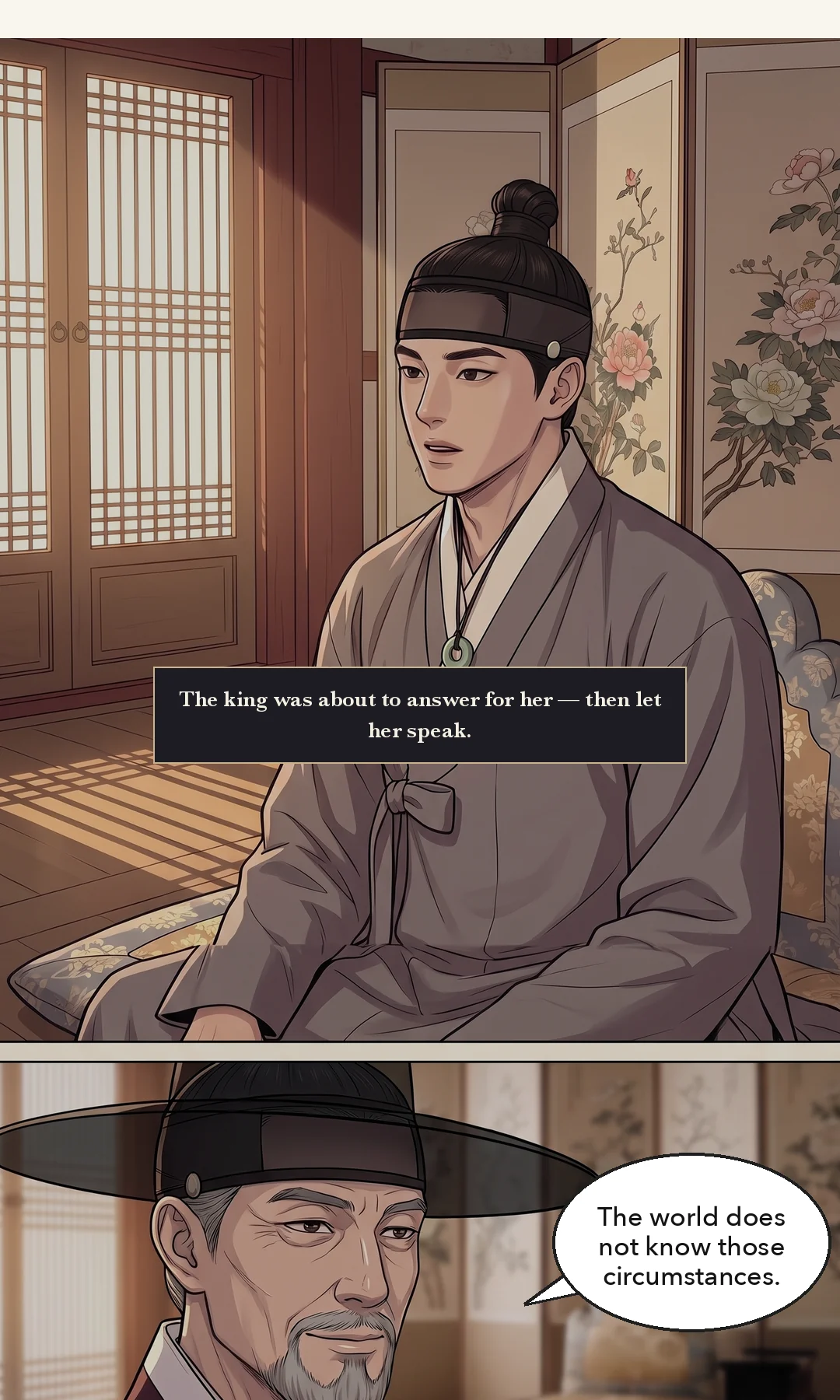 (hands) That hand coming slowly down. / The Queen Dowager to Yeonhwa. Short and low. — Queen Dowager: "Do you wish for this marriage?"