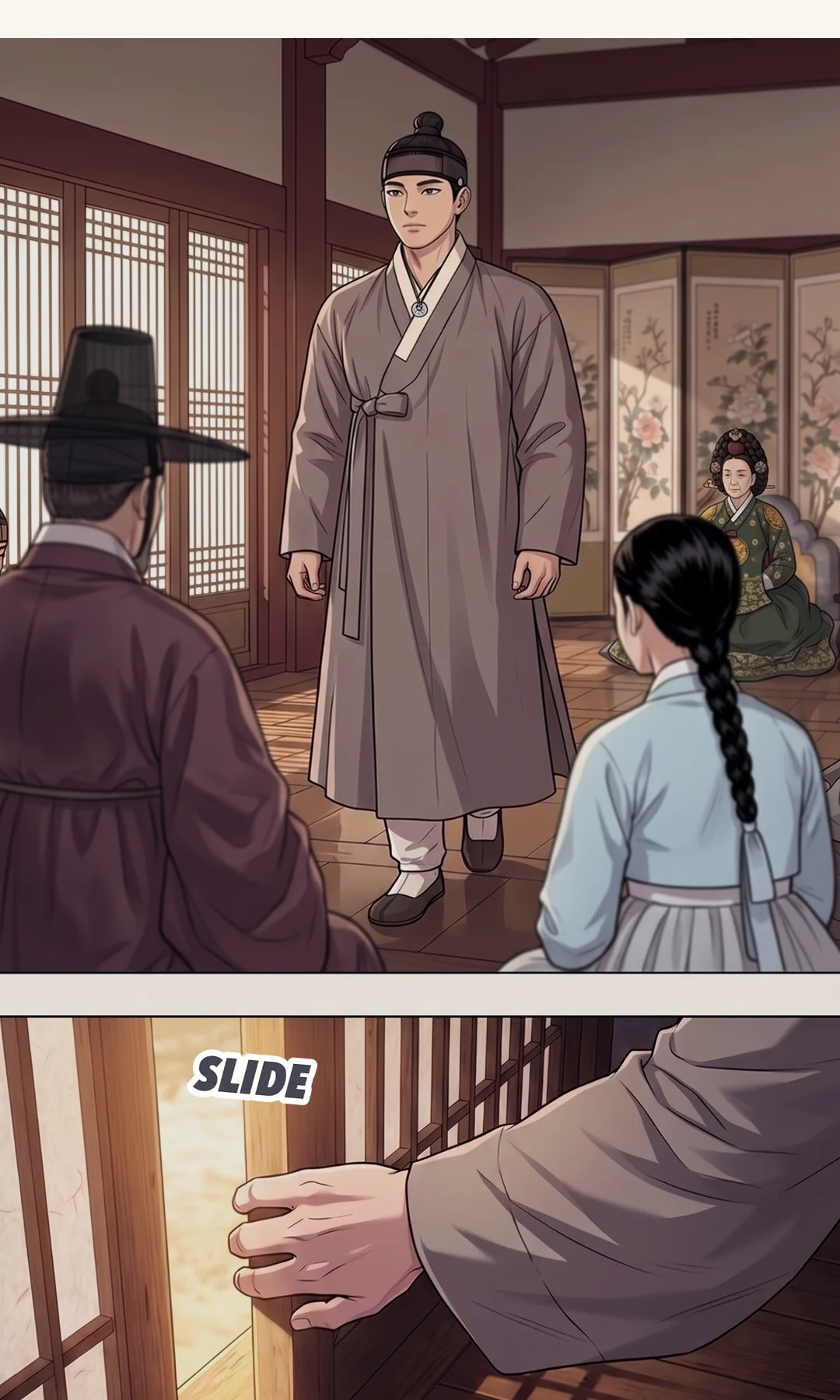 Yeonhwa from the front. Composed, low — not a wish but an order of things. — Yeonhwa: "I wish to set my mother's matter right first." Not a wish, but an order of things.
