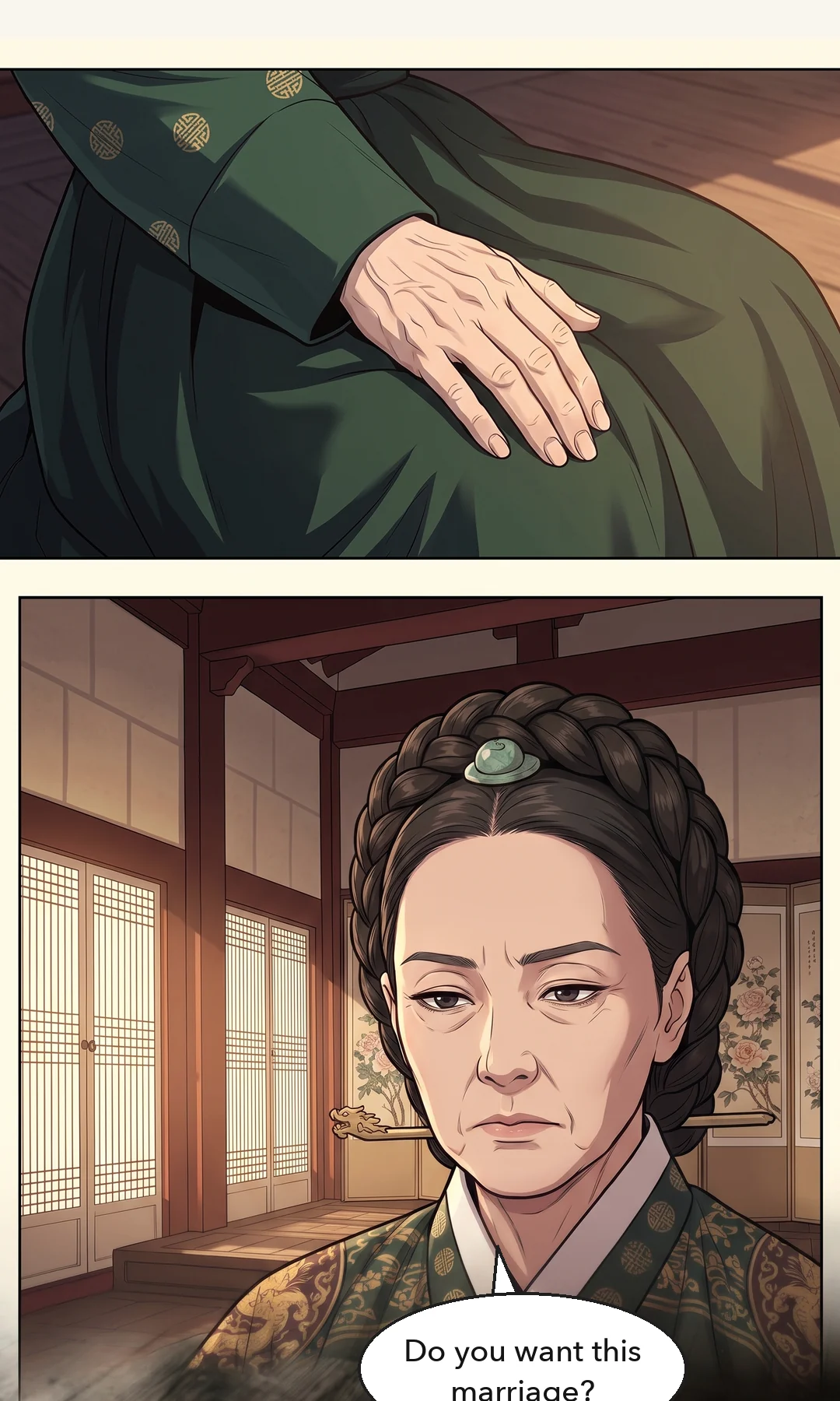 Yi Heon turning back. An awkward smile — from surprise. His face is a small closed-mouth smile. / (hands) She sets the rice paddle in front of his place. — Yi Heon: "May I?"