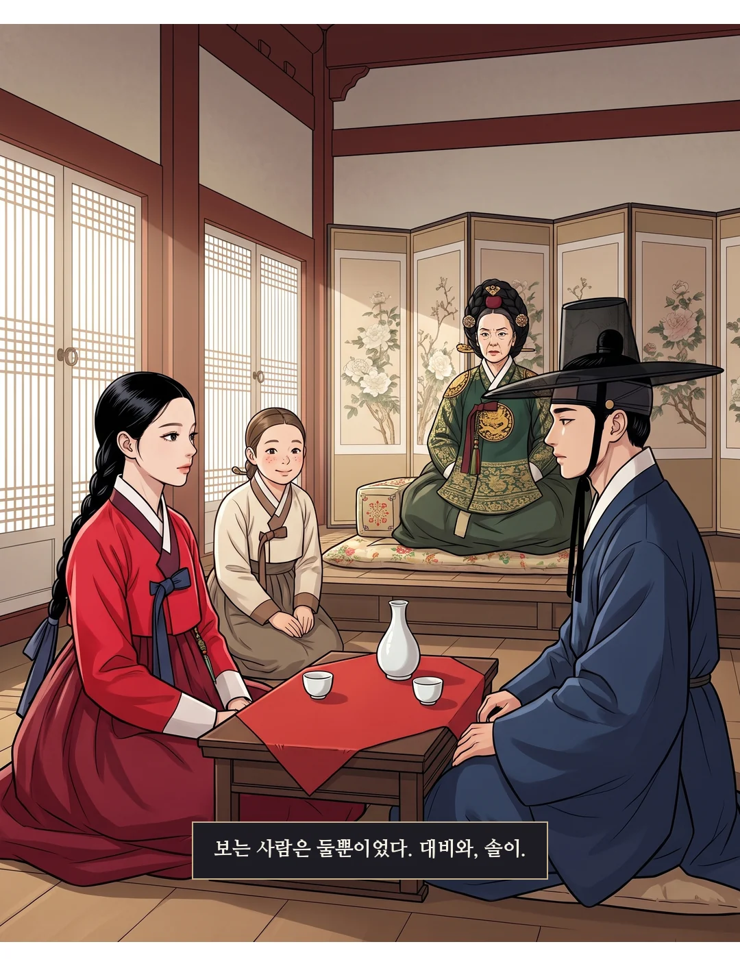 혼례상 앞의 두 사람. 뒤에 대비와 솔이(초점 밖). — 보는 사람은 둘뿐이었다. 대비와, 솔이.