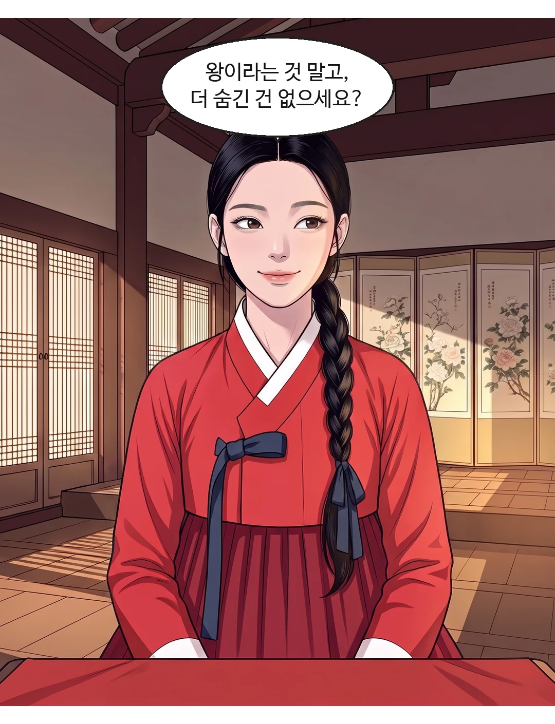 연화. 웃음 — 가볍게, 반쯤 놀리듯. 혼례 날의 긴장을 농담으로 누른다. — 연화 "왕이라는 것 말고, 더 숨긴 건 없으세요?"