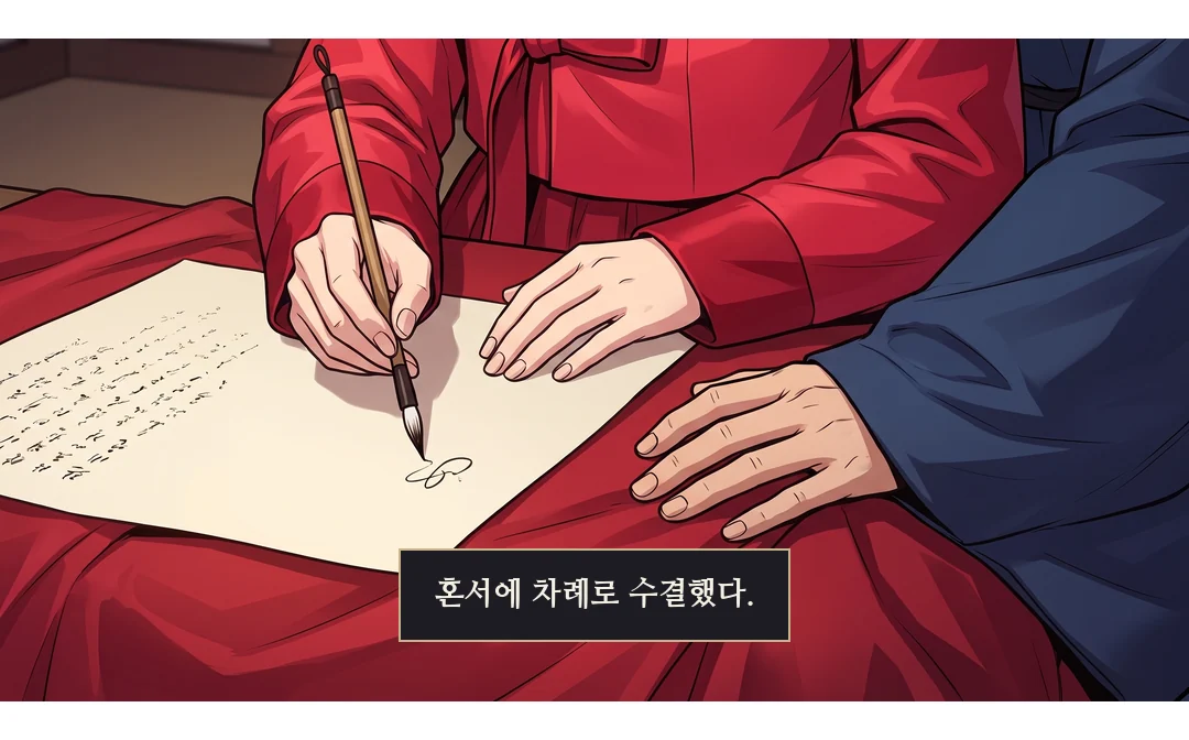 (손) 무영의 손이 봉하고, 원본은 연화에게, 사본은 상궁(손)에게. — 원본은 연화에게, 사본은 대비전으로.