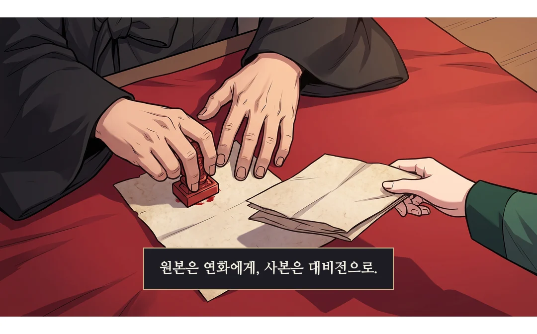 이헌이 목끈의 옥 고리를 풀어 연화 손바닥에 놓는다. 낮고 따뜻하게. — 이헌 "이것도 맡아 주시오."