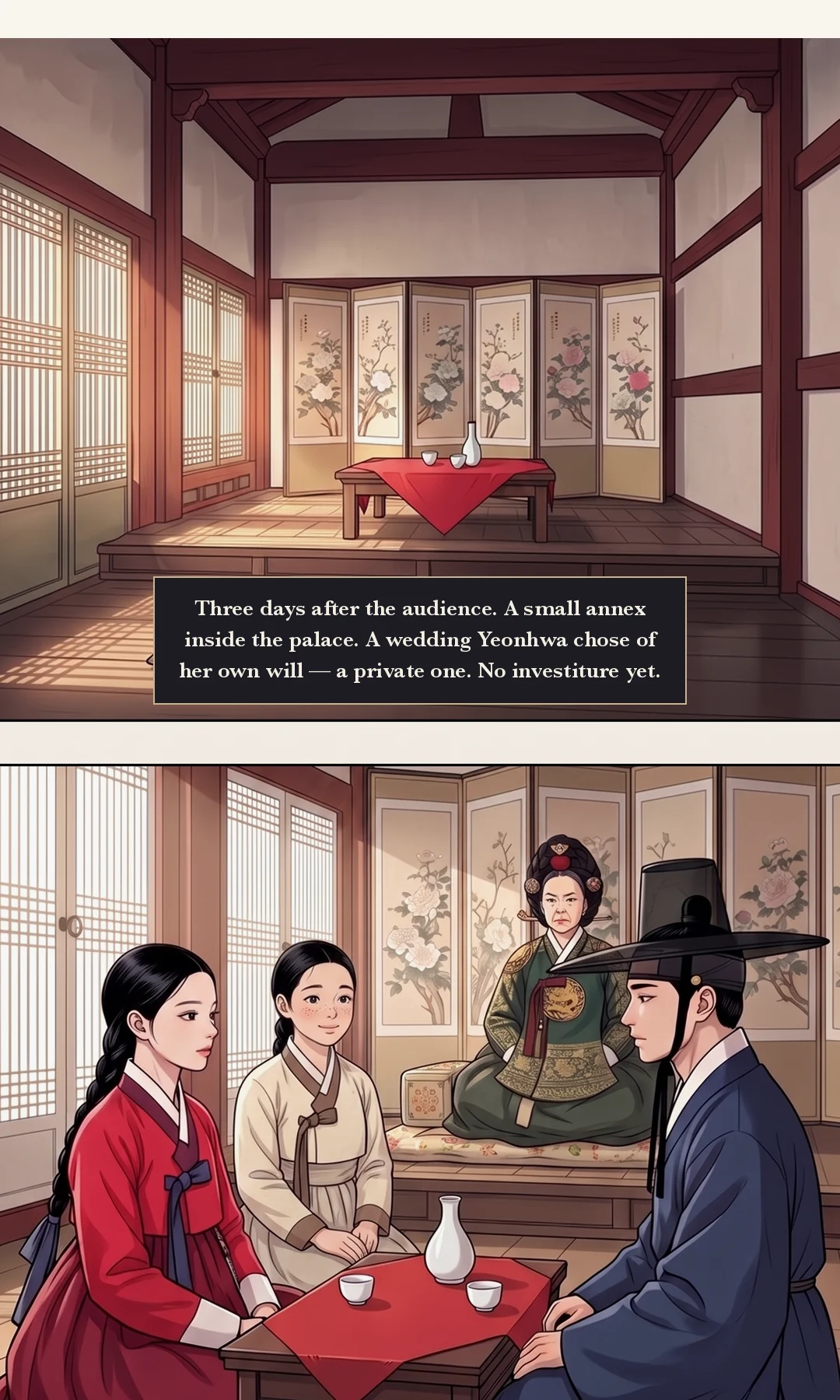 Yeonhwa. Laughing — lightly, half teasing. She presses down the nerves of the wedding day with a joke. / Yi Heon, his cup held at chest height. Slow and warm. — Yeonhwa: "Anything else you've hidden, besides being king?" Yi Heon: "There will be nothing I keep from you."