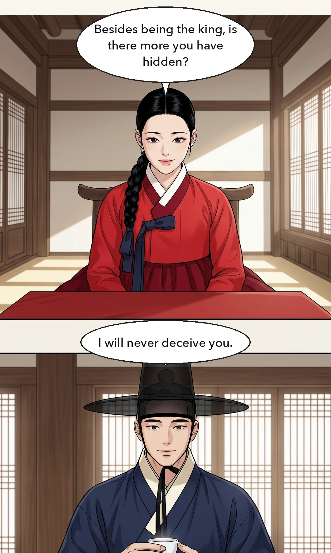 Yi Heon. The corner of his mouth lifts — a small, real smile. A little embarrassed. — Yi Heon: "This time I fear being refused."