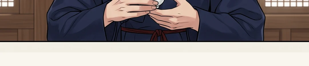 (hands · overhead) Yeonhwa lays her palm open on the red cloth — the answer. The cups stay where they were. — In Ep. 3 it was "I choose that man." This time her hand answered first.