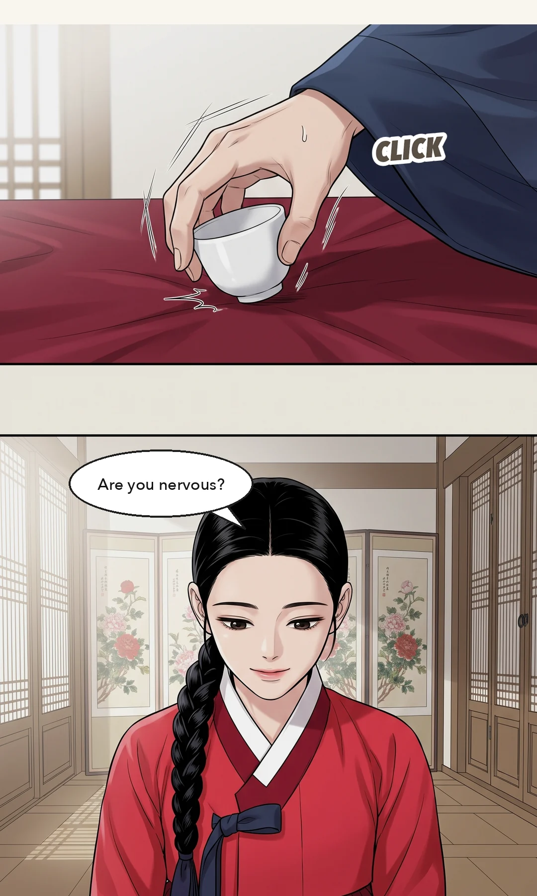 Yeonhwa from the front. Resolve — clear, with the laugh still in it. — Yeonhwa: "Then I will." Yeonhwa: "This time I choose knowing."