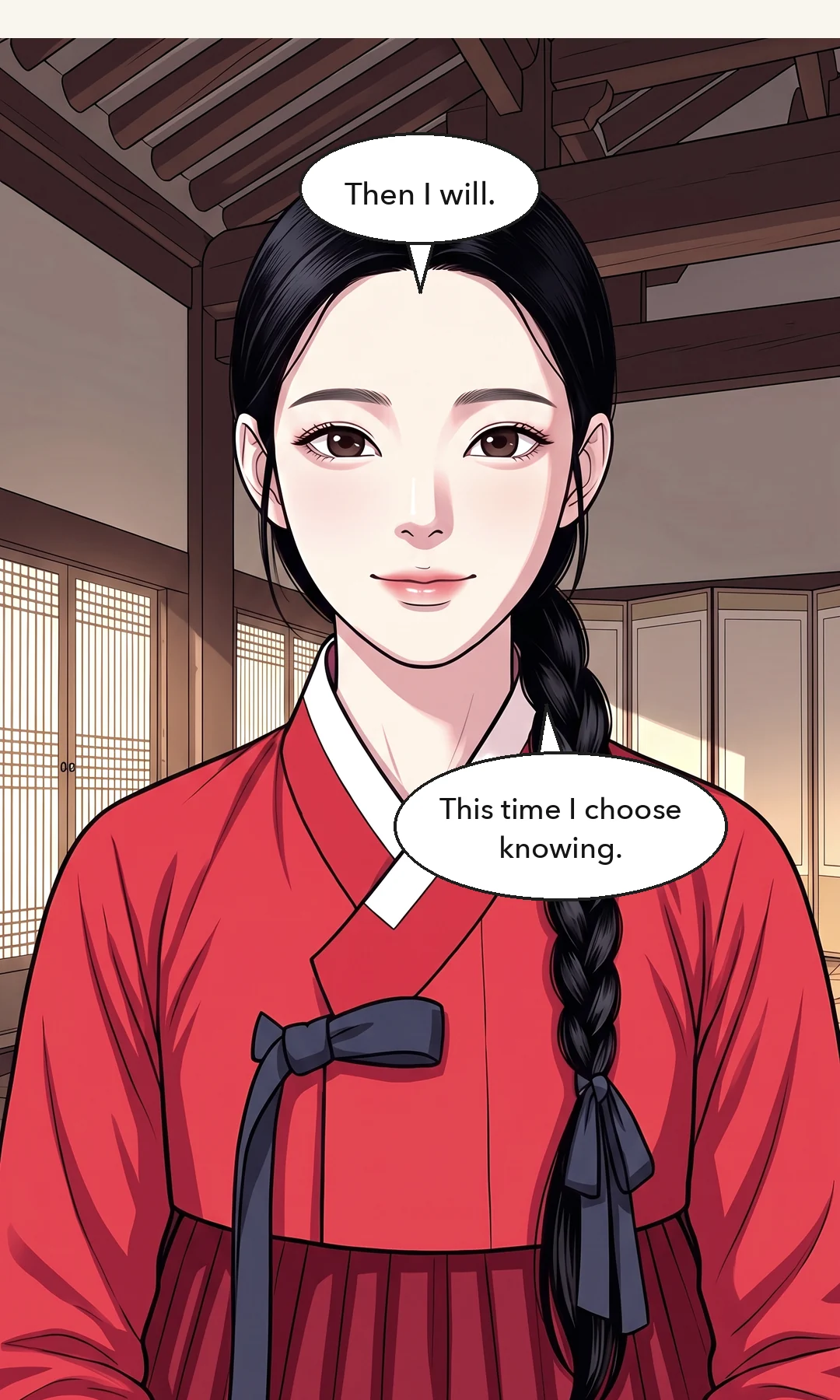 The Queen Dowager to the head court lady. Briefly. / (new) The two of them with the red table between. The jade ring at Yeonhwa's throat. Light. — Queen Dowager: "Begin preparing the investiture." The marriage is done. The investiture — not yet. The days begin in which she is the king's wife with no rank. I sat facing the man who began with a beggar's rice bowl, and this time I knew.