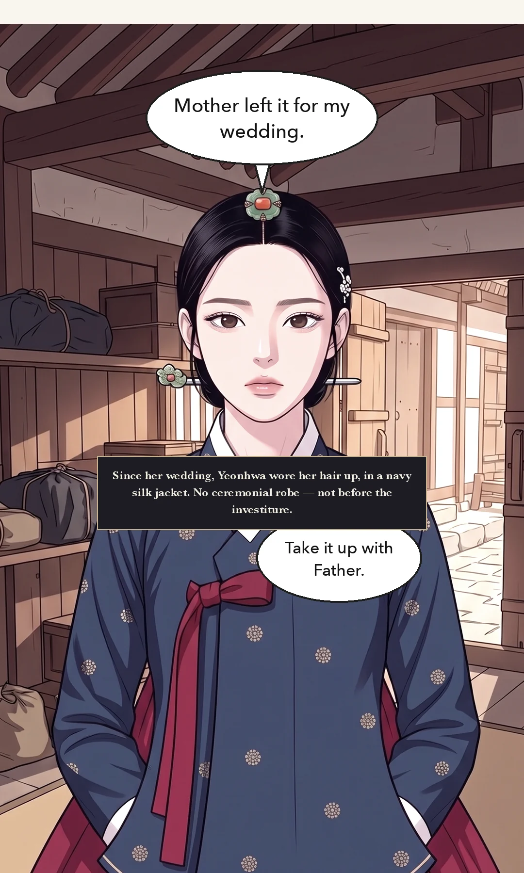 (new · source 25–27s) The head court lady pushes the return list in front of Taesik. This is the only paper in the room. — Head court lady: "Yun Taesik, put your mark to the return list."