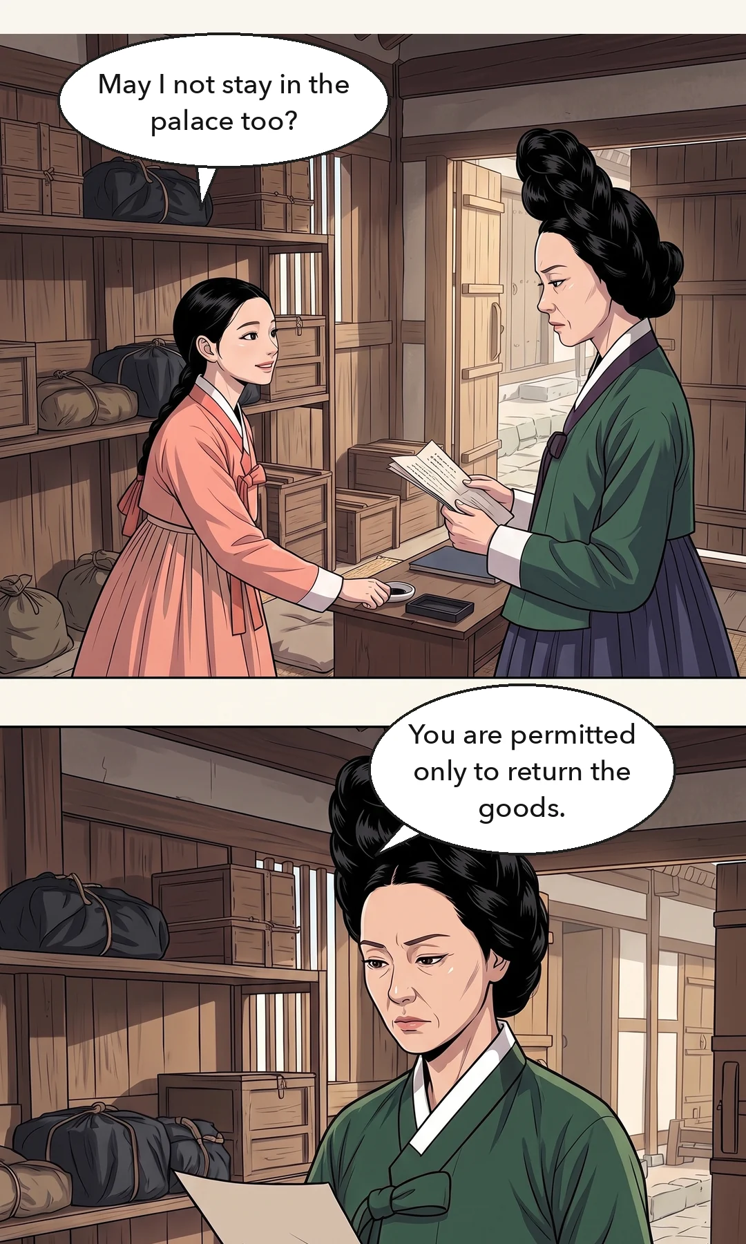 (hands) The dry cloth stops in Yeonhwa's hand. / A beat late. Unsteady — the first syllable barely comes, thin and a little fast. It ends on a breath. — For one beat, no one said anything. Yeonhwa: "…You were the one who locked that door."
