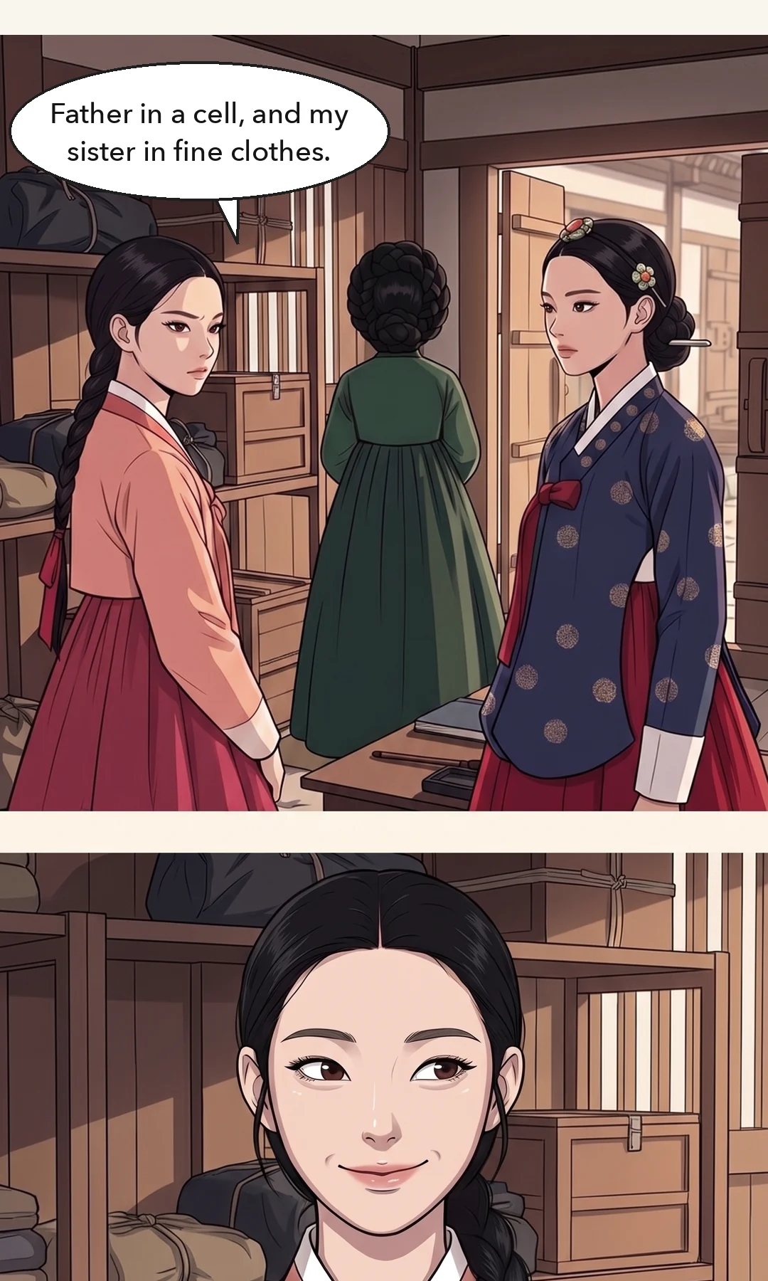 A guard turns Chaeryeong toward the door. Her face — the smile is gone. / (band) Yeonhwa's eyes stay on that record. — The list. My father's words stayed on that paper.
