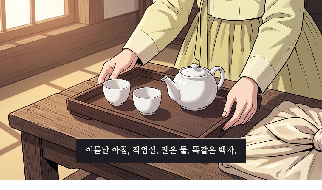 (손) 이튿날 아침 작업실. 찻상 — 똑같은 백자 잔 둘. 시녀의 손이 쟁반을 내려놓는다. — 이튿날 아침, 작업실. 잔은 둘. 똑같은 백자.