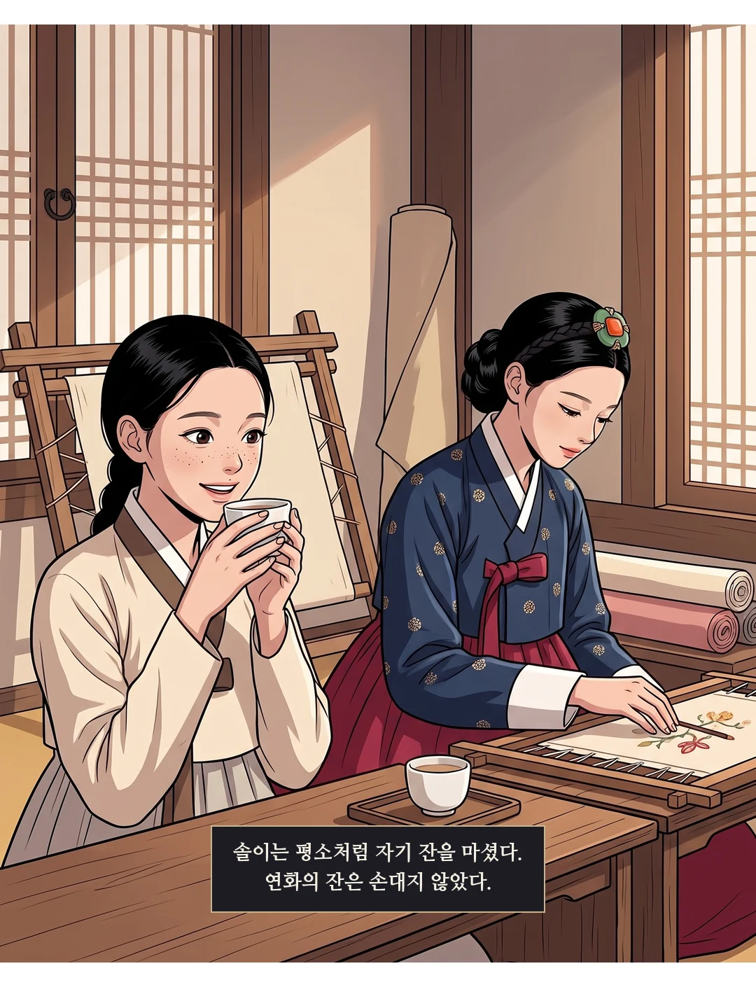 평소처럼 자기 잔을 드는 솔이. 연화는 자수에 손을 대고 있어 잔은 그대로. — 솔이는 평소처럼 자기 잔을 마셨다. 연화의 잔은 손대지 않았다.
