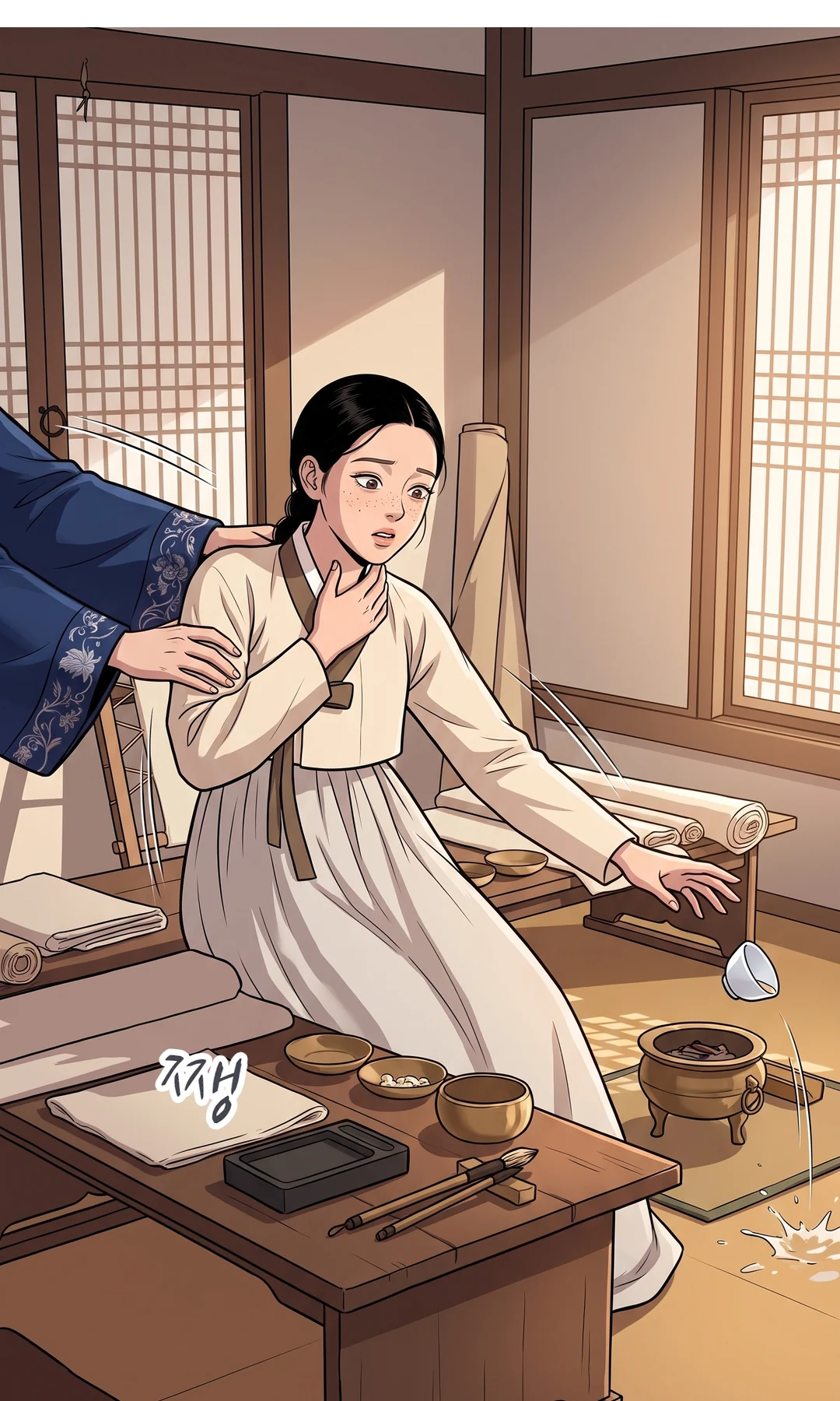 한 모금 마신 솔이가 잔을 떨어뜨리고 휘청인다. 연화가 팔을 받친다. — 쨍