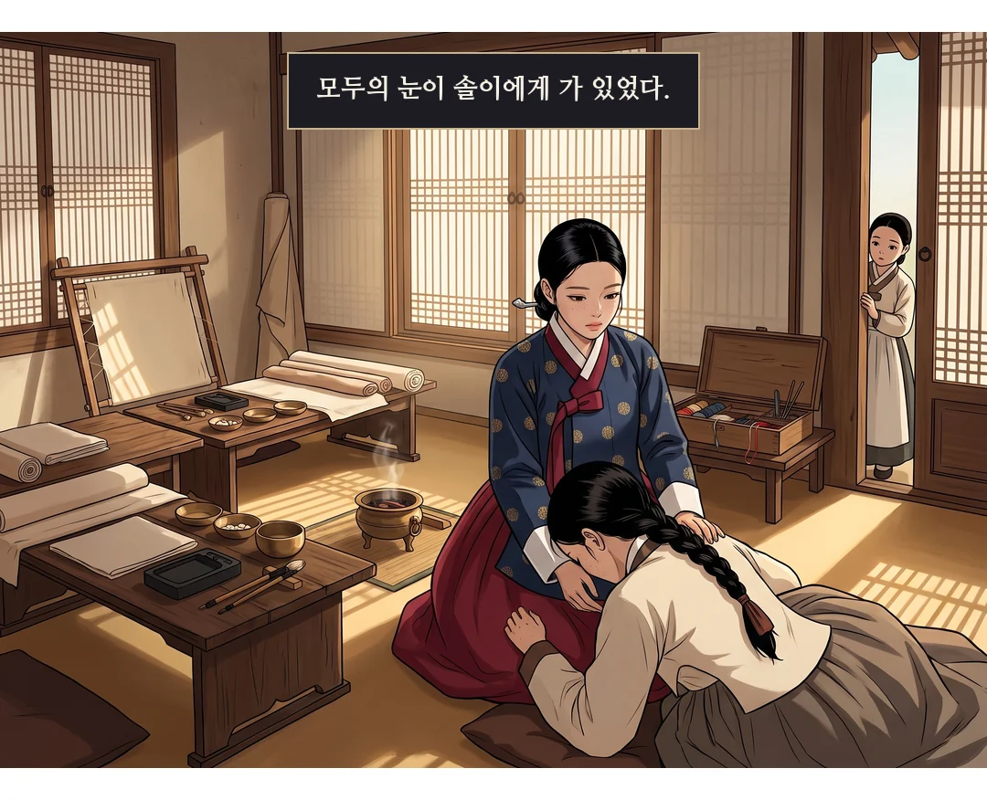 (손) 시녀의 손이 열린 작업함에 접힌 쌈지를 넣는다. 손은 빈손이 된다.