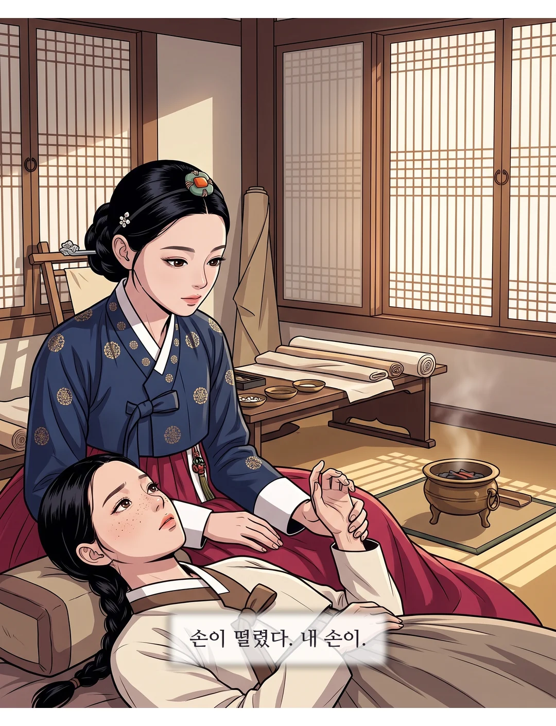 상궁이 들어와 출입과 정리를 멈춘다. 격식 — 크지 않지만 방을 멈춘다. — 상궁 "치우지 마라. 모두 남아라."